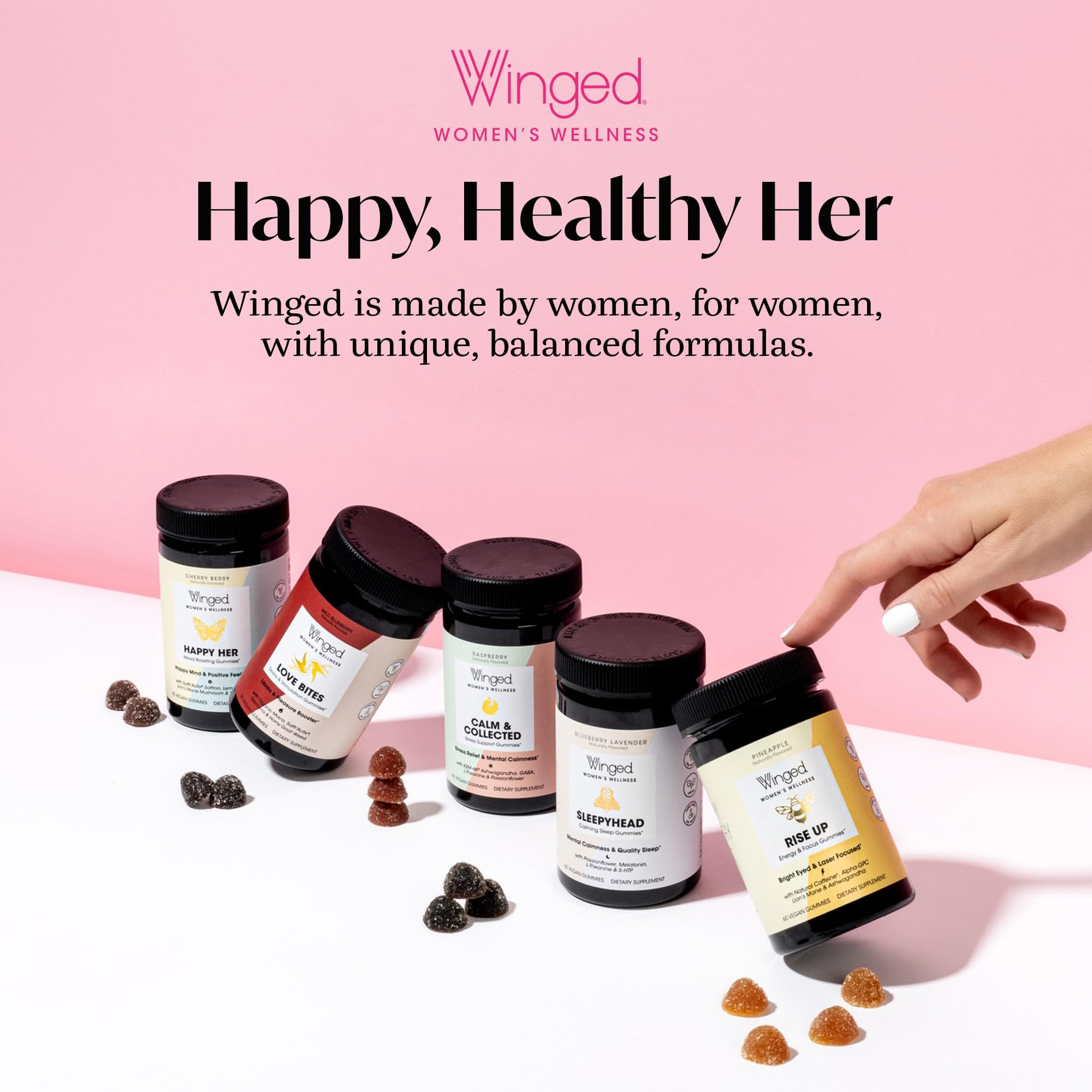 Winged Wellness Happy Her Mood Gummies - Daily Mood Enhancer Support Supplement for Women - Vitamin D with Saffron, Lemon Balm, & Lions Mane Mushrooms for Balance & Calming Relief - 50 Vegan Gummies - dailyvitalstore
