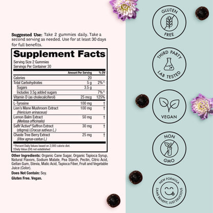 Winged Wellness Happy Her Mood Gummies - Daily Mood Enhancer Support Supplement for Women - Vitamin D with Saffron, Lemon Balm, & Lions Mane Mushrooms for Balance & Calming Relief - 50 Vegan Gummies - dailyvitalstore