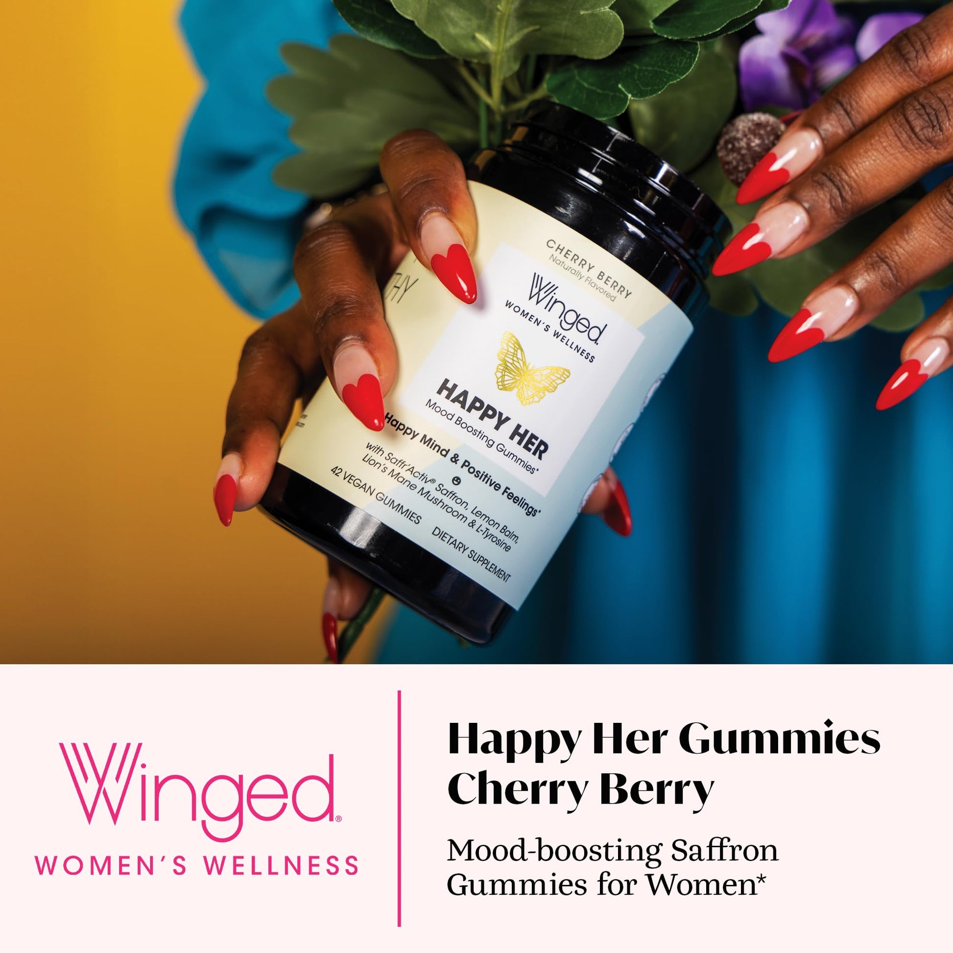 Winged Wellness Happy Her Mood Gummies - Daily Mood Enhancer Support Supplement for Women - Vitamin D with Saffron, Lemon Balm, & Lions Mane Mushrooms for Balance & Calming Relief - 50 Vegan Gummies - dailyvitalstore