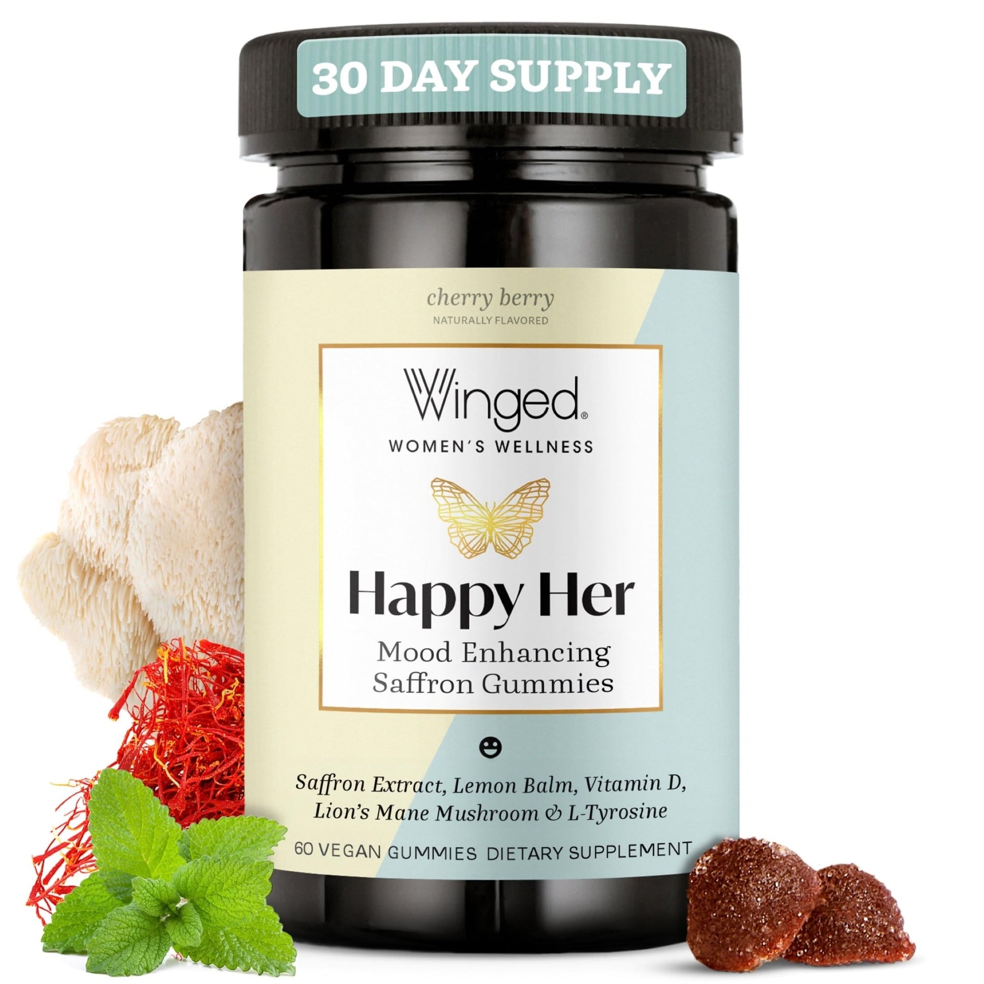 Winged Wellness Happy Her Mood Gummies - Daily Mood Enhancer Support Supplement for Women - Vitamin D with Saffron, Lemon Balm, & Lions Mane Mushrooms for Balance & Calming Relief - 50 Vegan Gummies - dailyvitalstore