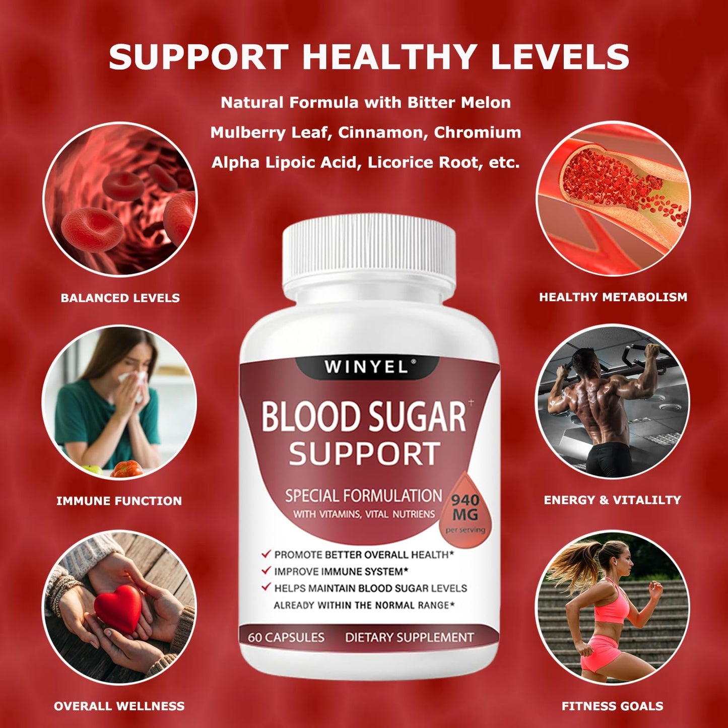 WINYEL Blood Sugar Complex Supplement - with Cinnamon, Bitter Melon, Chromium, Mulberry, Alpha Lipoic Acid, 60 Capsules - dailyvitalstore