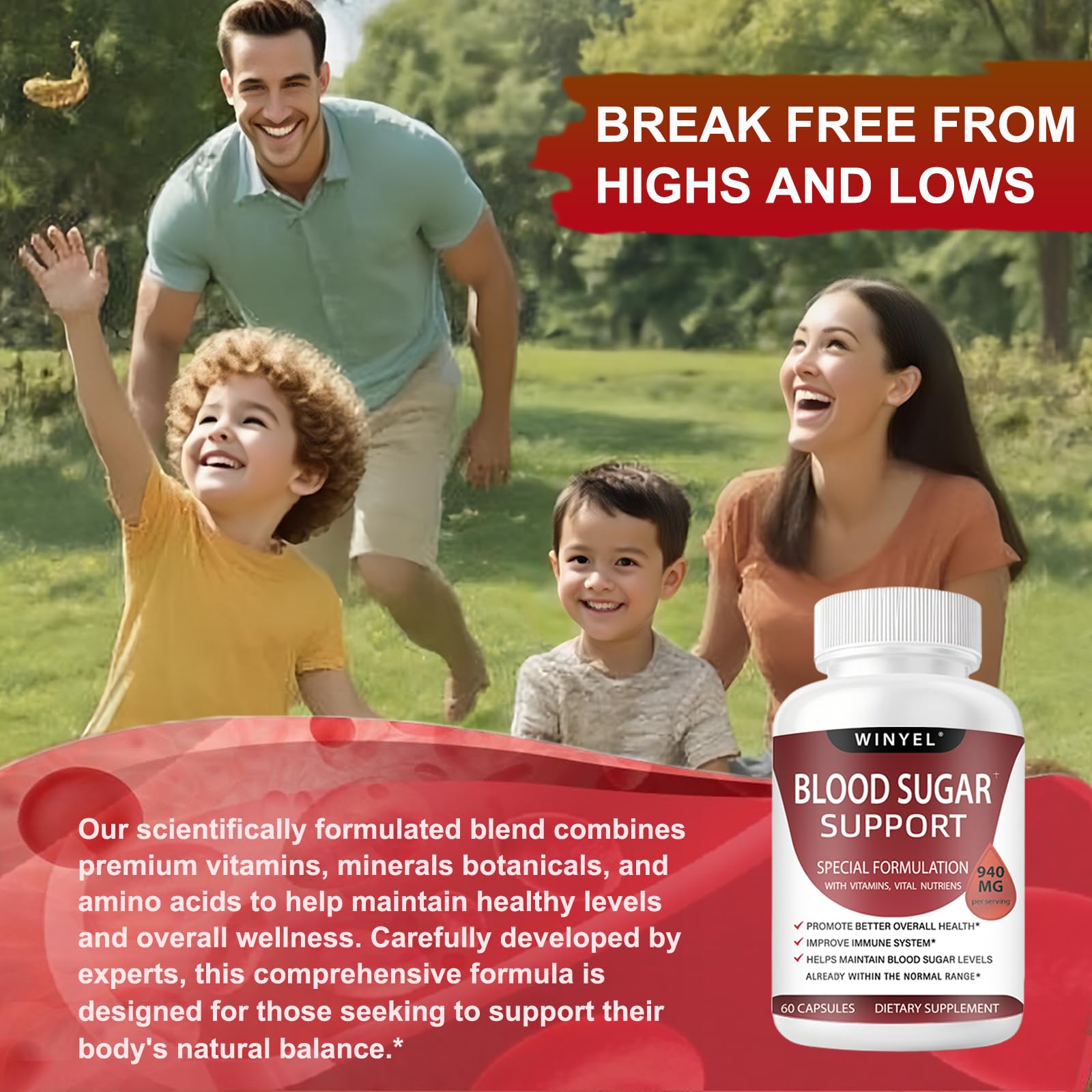 WINYEL Blood Sugar Complex Supplement - with Cinnamon, Bitter Melon, Chromium, Mulberry, Alpha Lipoic Acid, 60 Capsules - dailyvitalstore