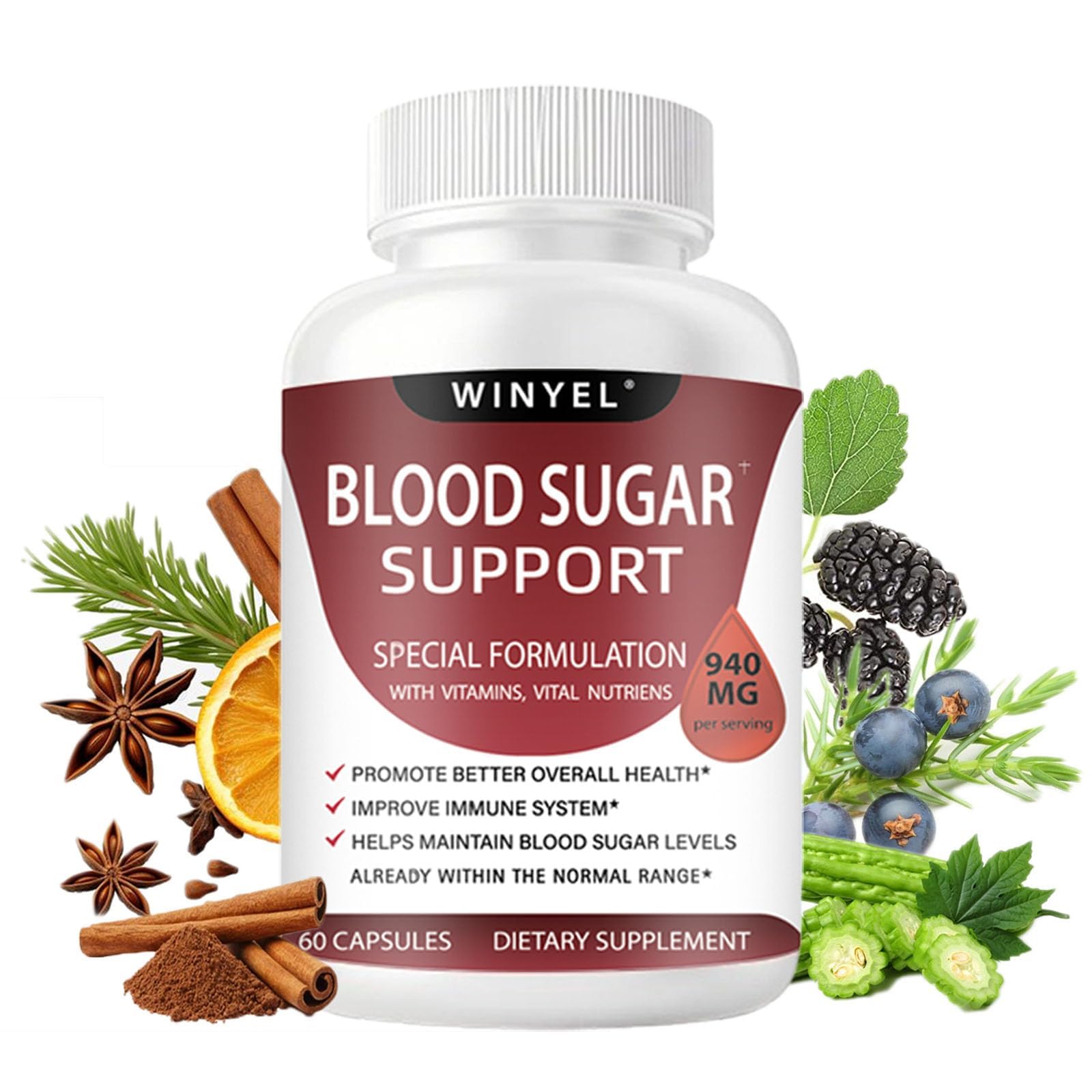 WINYEL Blood Sugar Complex Supplement - with Cinnamon, Bitter Melon, Chromium, Mulberry, Alpha Lipoic Acid, 60 Capsules - dailyvitalstore