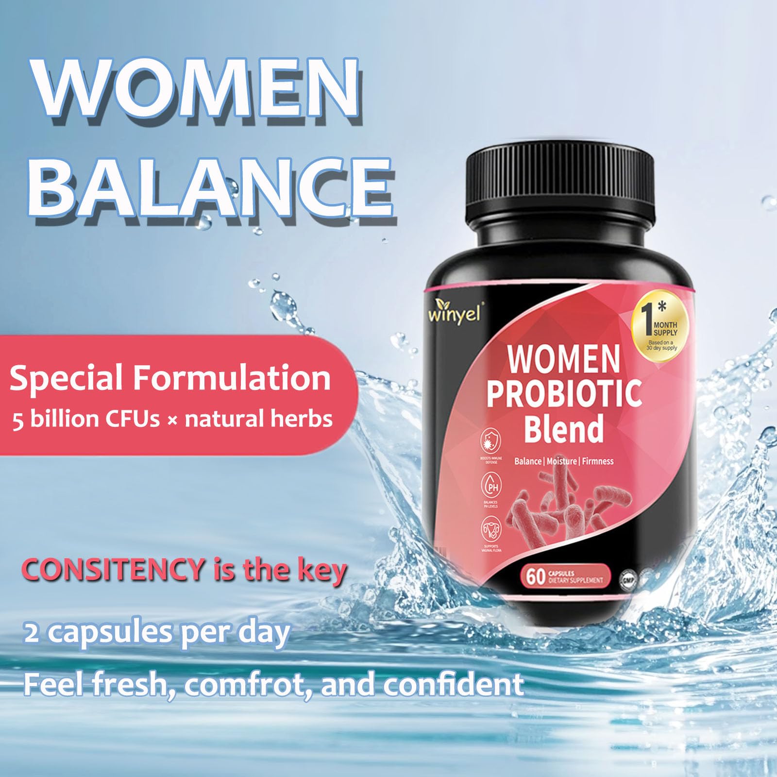 WINYEL Vaginal Probiotics for Women with Prebiotics & Herbal Blend – pH Balance & Feminine Health Support – Multi-Strain Lactobacillus for Vaginal Flora, - dailyvitalstore