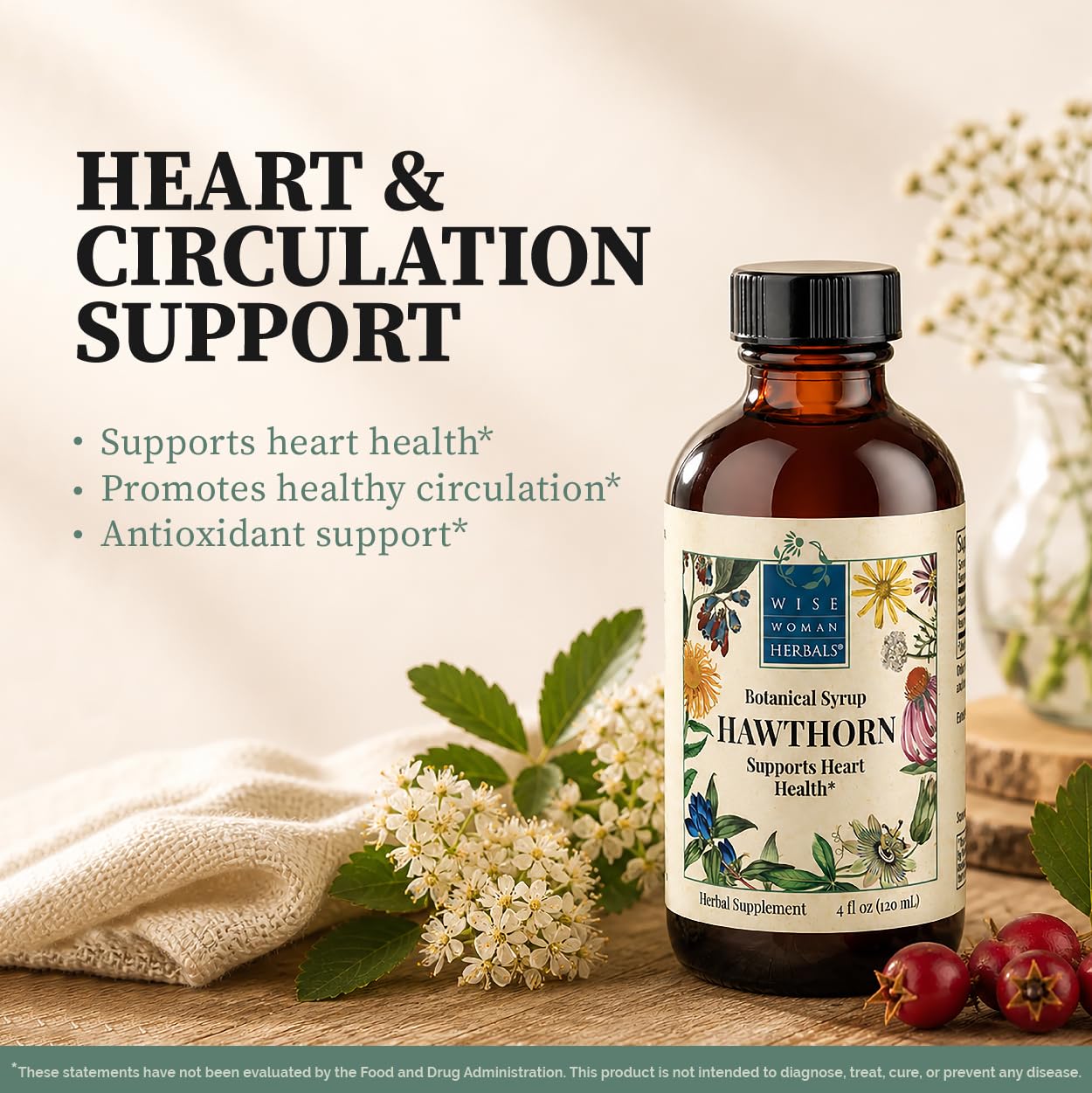 Wise Woman Herbals Hawthorn Botanical Syrup, Alcohol-Free Hawthorn Berry Solid Extract 4:1, Promotes Healthy Circulation, Antioxidant Protection, Herbal Cardiovascular Support, 4 Fl Oz - dailyvitalstore