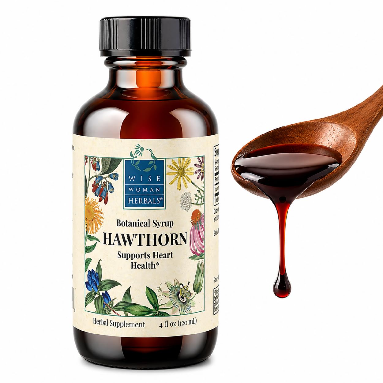 Wise Woman Herbals Hawthorn Botanical Syrup, Alcohol-Free Hawthorn Berry Solid Extract 4:1, Promotes Healthy Circulation, Antioxidant Protection, Herbal Cardiovascular Support, 4 Fl Oz - dailyvitalstore