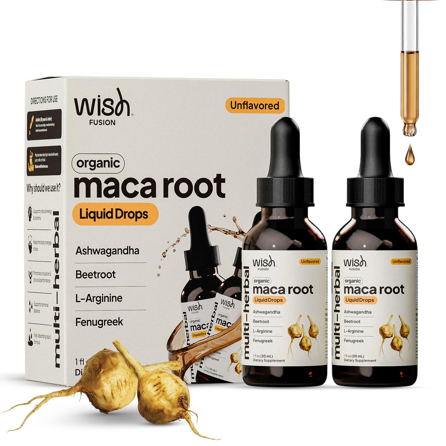 Wish Fusion Maca Root Liquid Drops 2 Pack Organic Maca Root Drops for Energy Support Hormone Balance, Mood Maca Root, Ashwagandha & Tongkat Ali Blend, Liquid Maca Root Extract Fenugreek & Beetroot - dailyvitalstore