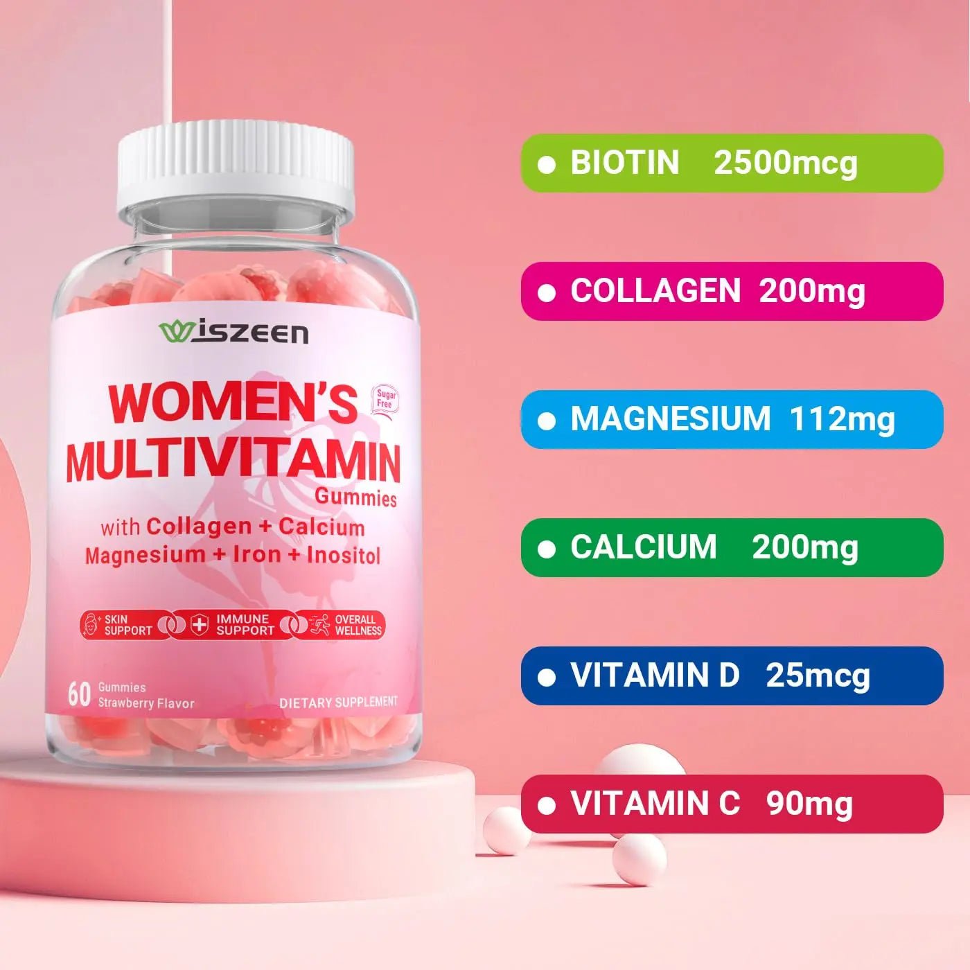 Wiszeen Sugar Free Methylated Multivitamin for Women Gummies, Biotin, Collagen, Calcium, Magnesium, Inositol, Folate, Iron, Vitamin A, C, D, E - dailyvitalstore