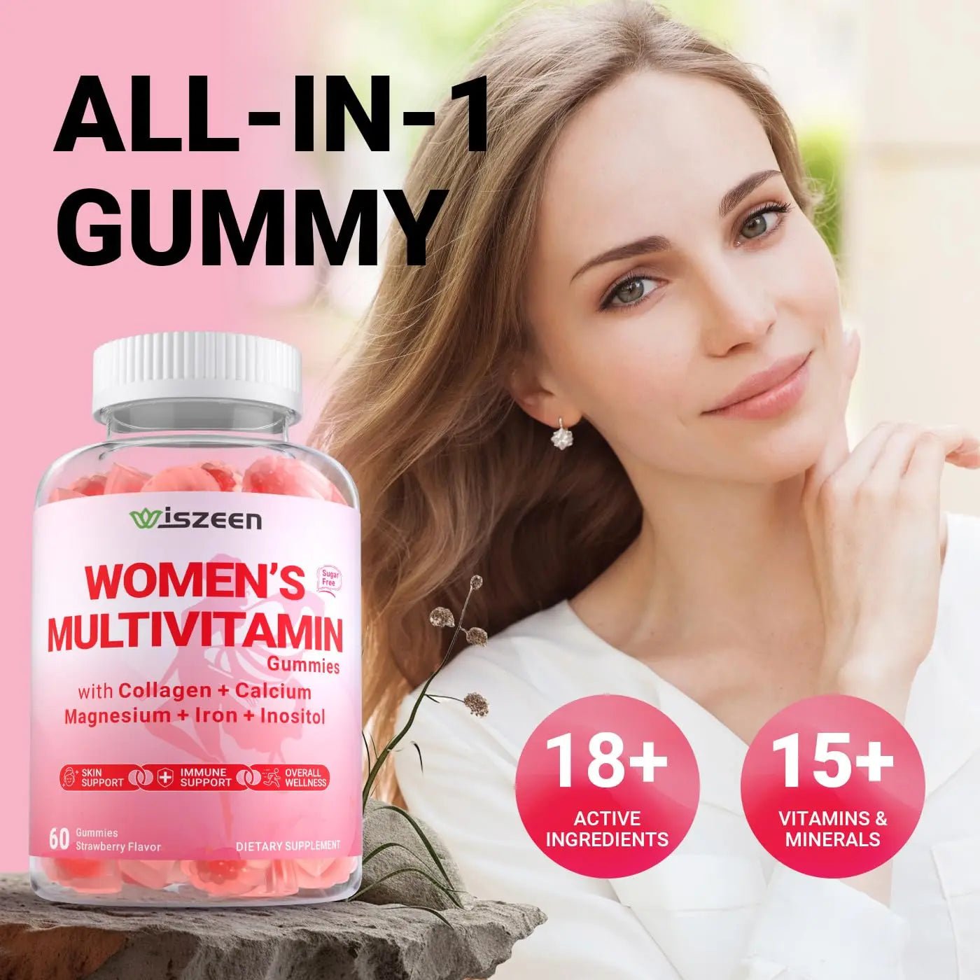 Wiszeen Sugar Free Methylated Multivitamin for Women Gummies, Biotin, Collagen, Calcium, Magnesium, Inositol, Folate, Iron, Vitamin A, C, D, E - dailyvitalstore