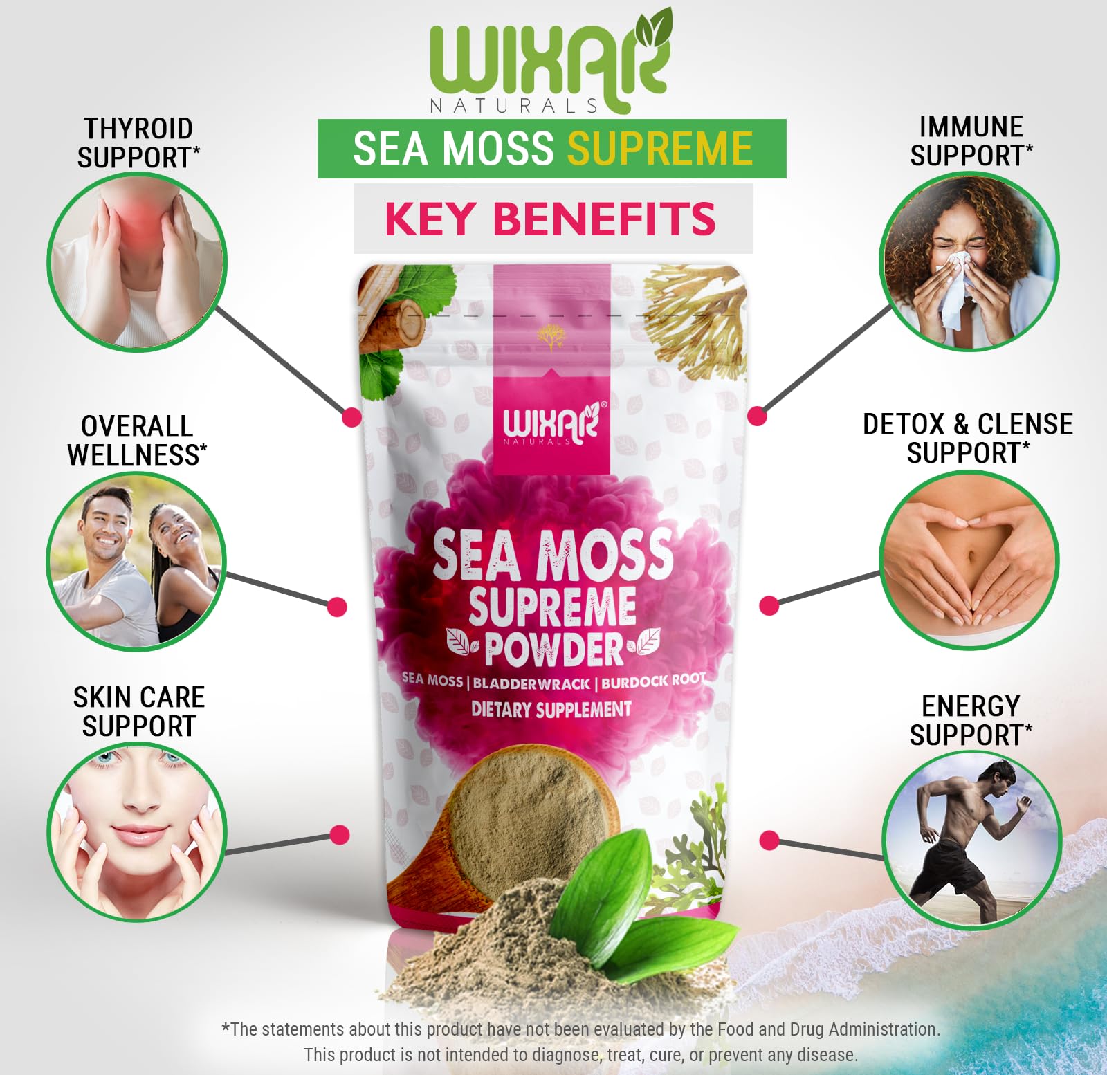 Wixar Wildcrafted Sea Moss Powder – (8 Ounces) – Natural Irish Sea Moss and Bladderwrack with Burdock Powder - Thyroid Support, Healthy Skin, Keto Detox, Joint Support Alkaline Supplements - dailyvitalstore