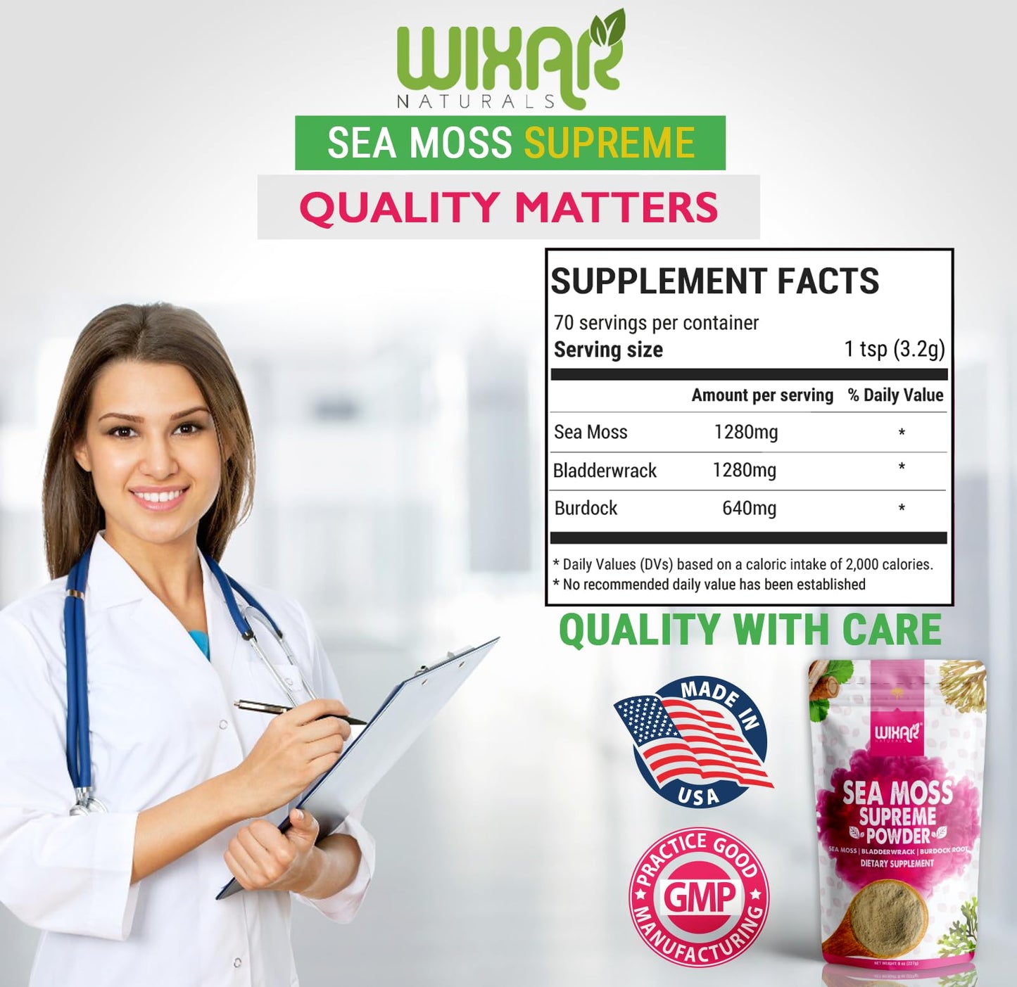 Wixar Wildcrafted Sea Moss Powder – (8 Ounces) – Natural Irish Sea Moss and Bladderwrack with Burdock Powder - Thyroid Support, Healthy Skin, Keto Detox, Joint Support Alkaline Supplements - dailyvitalstore