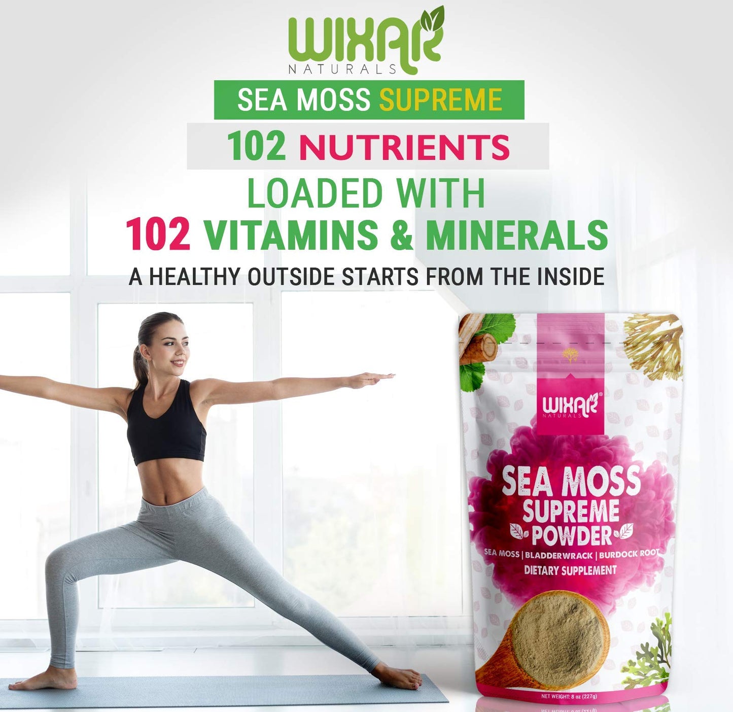 Wixar Wildcrafted Sea Moss Powder – (8 Ounces) – Natural Irish Sea Moss and Bladderwrack with Burdock Powder - Thyroid Support, Healthy Skin, Keto Detox, Joint Support Alkaline Supplements - dailyvitalstore