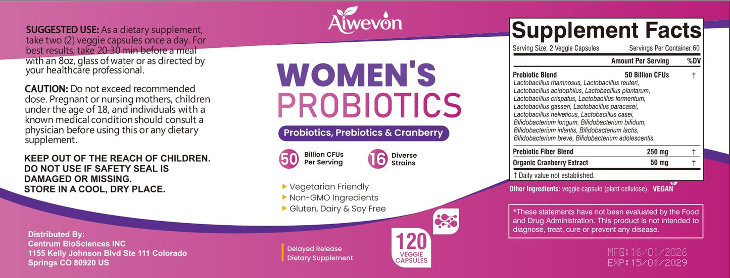 Women Probiotics 50 Billion CFU: Probiotics for Women with Prebiotics & Cranberry, 16 Strain Probiotic Supplement for Digestive Gut Health, Vaginal & Urinary Tract Support - dailyvitalstore