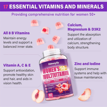 Womens Multivitamin Gummy 50 and Over - Chewable Multi Vitamin A, C, D3, E, K2 & B Complex, Folate, Biotin, Calcium, Magnesium - dailyvitalstore