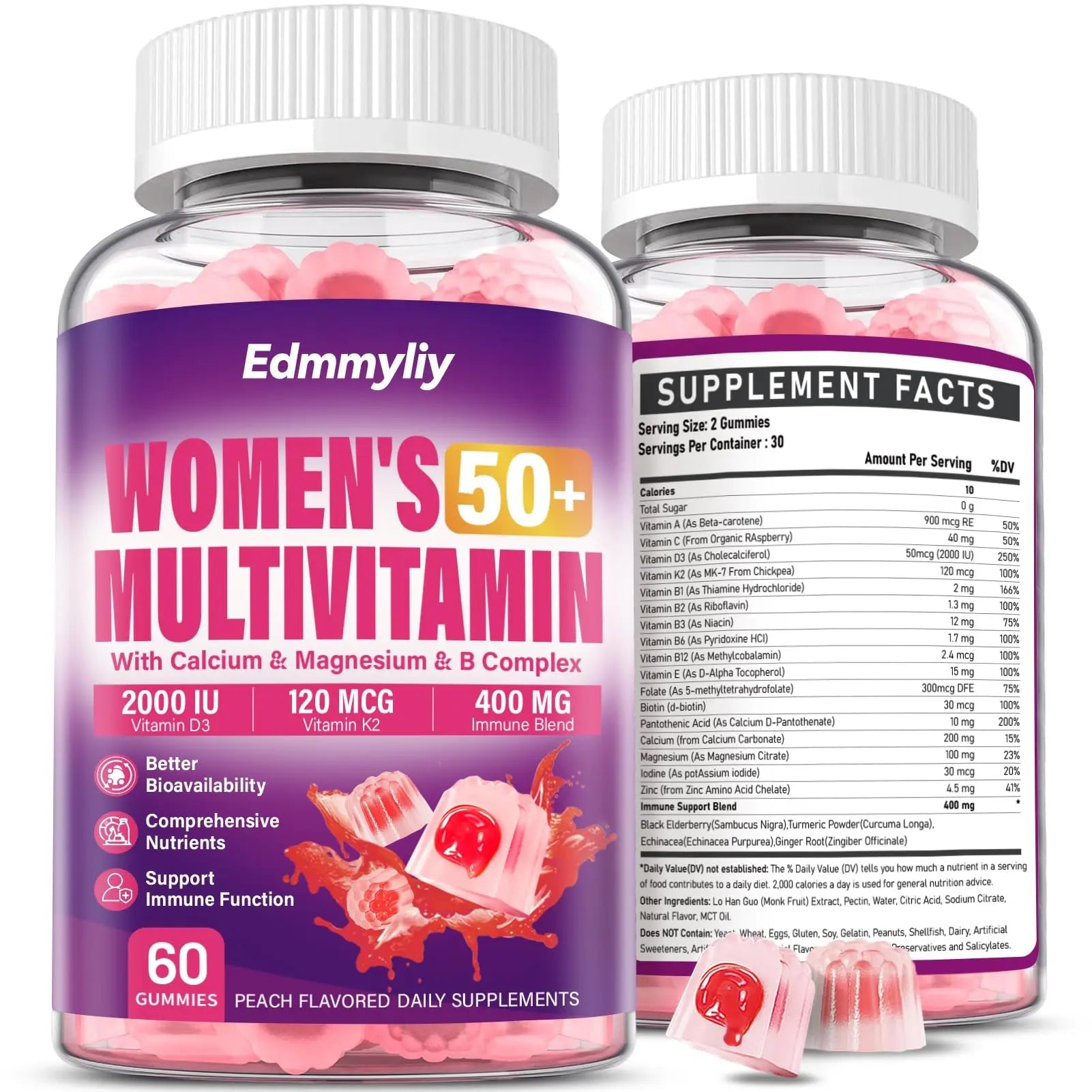 Womens Multivitamin Gummy 50 and Over - Chewable Multi Vitamin A, C, D3, E, K2 & B Complex, Folate, Biotin, Calcium, Magnesium - dailyvitalstore