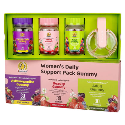 Women's Multivitamin Gummy Pack, 3 Support for Hair Skin Nails Sleep Daily Health, Vitamins A, D, C, E, Biotin, Ashwagandha - dailyvitalstore