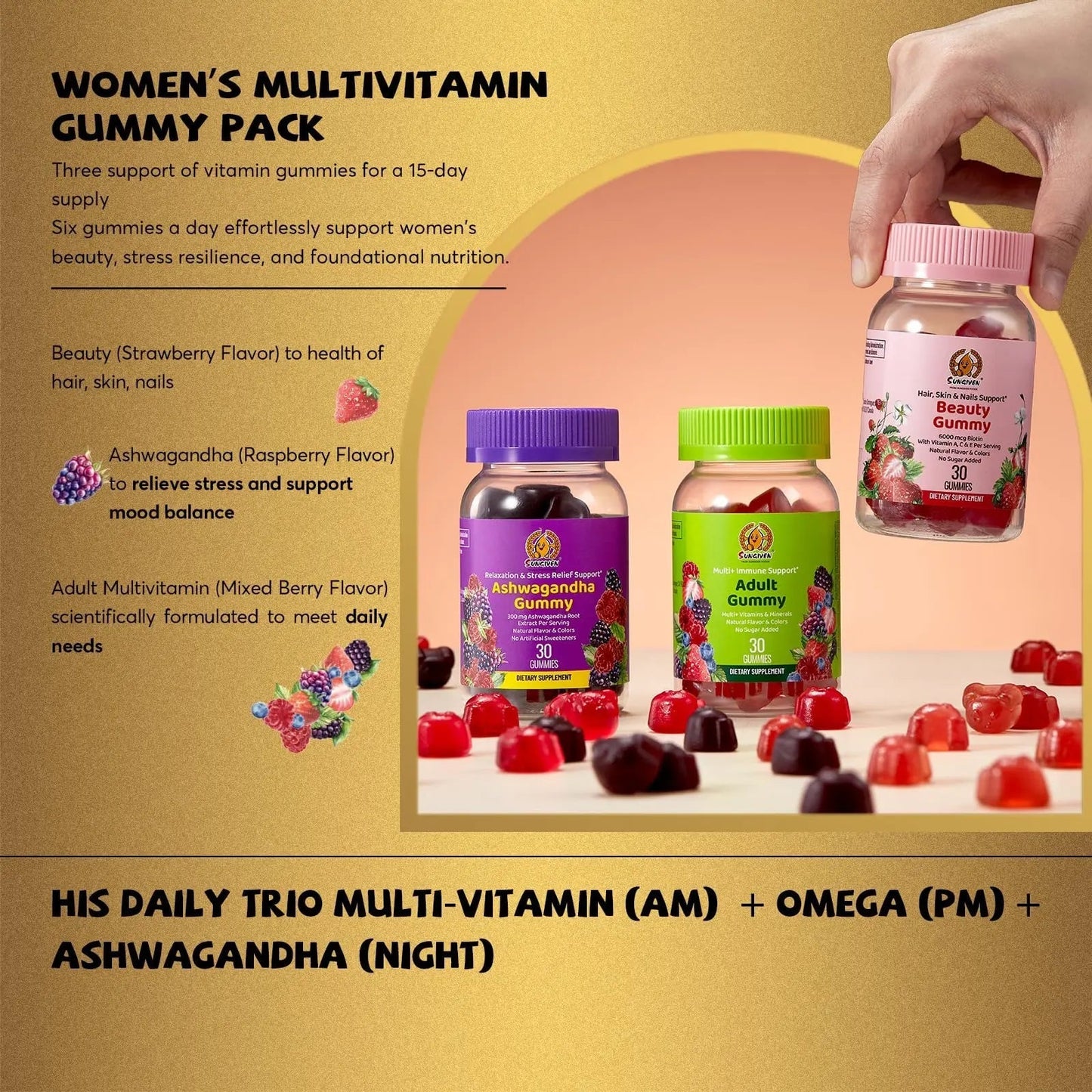 Women's Multivitamin Gummy Pack, 3 Support for Hair Skin Nails Sleep Daily Health, Vitamins A, D, C, E, Biotin, Ashwagandha - dailyvitalstore