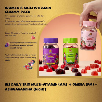 Women's Multivitamin Gummy Pack, 3 Support for Hair Skin Nails Sleep Daily Health, Vitamins A, D, C, E, Biotin, Ashwagandha - dailyvitalstore