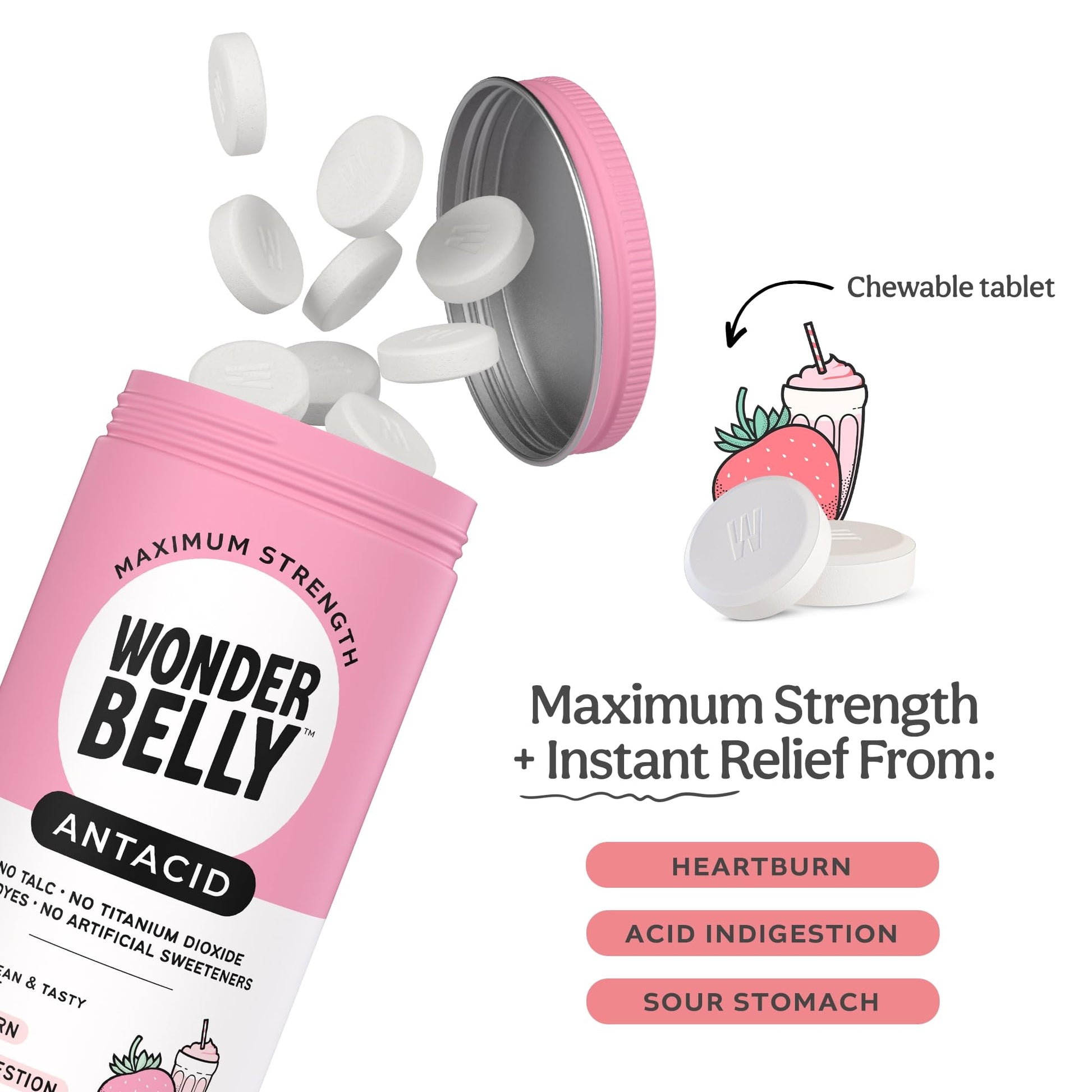 Wonderbelly Antacid, Effective Heartburn and Instant Acid Indigestion Relief, Extra Strength Chewable Tablets, 1000 mg Calcium Carbonate, No Talc or Dye, Strawberry Milkshake, 120 Count - dailyvitalstore