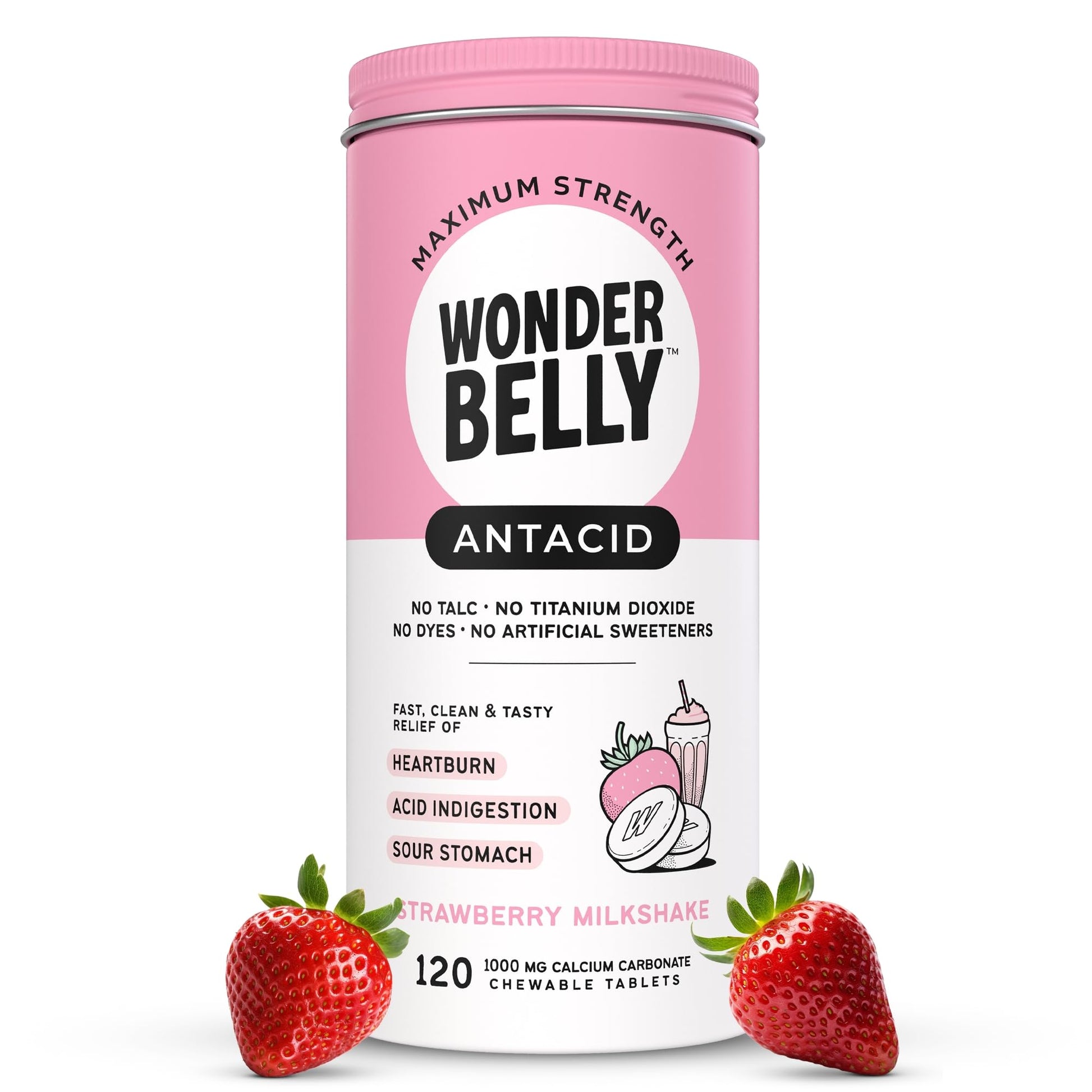Wonderbelly Antacid, Effective Heartburn and Instant Acid Indigestion Relief, Extra Strength Chewable Tablets, 1000 mg Calcium Carbonate, No Talc or Dye, Strawberry Milkshake, 120 Count - dailyvitalstore