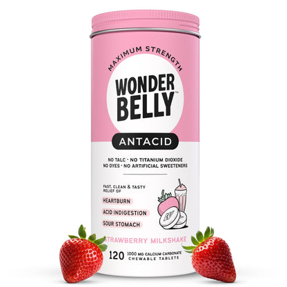 Wonderbelly Antacid, Effective Heartburn and Instant Acid Indigestion Relief, Extra Strength Chewable Tablets, 1000 mg Calcium Carbonate, No Talc or Dye, Strawberry Milkshake, 120 Count - dailyvitalstore