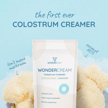 WONDERCOW Bovine Colostrum Superfood Creamer Supplement Powder w/Organic Lions Mane Mushroom & Coconut Milk Powder MCTs | Functional Sugar Free Keto Coffee, Smoothie & Drink Mix Unsweetened - dailyvitalstore