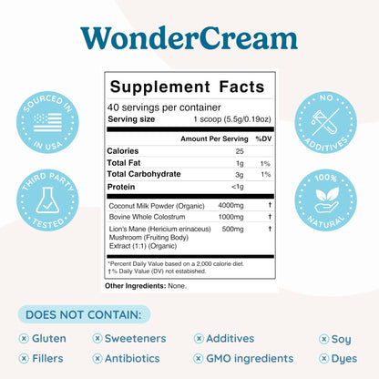 WONDERCOW Bovine Colostrum Superfood Creamer Supplement Powder w/Organic Lions Mane Mushroom & Coconut Milk Powder MCTs | Functional Sugar Free Keto Coffee, Smoothie & Drink Mix Unsweetened - dailyvitalstore