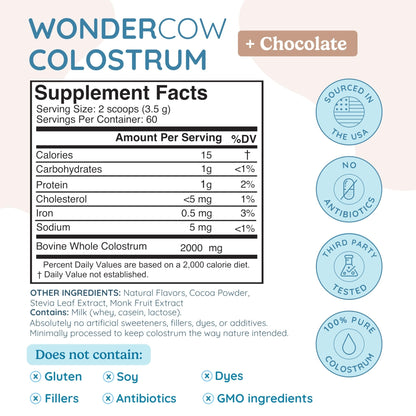 WONDERCOW Colostrum Supplement Powder for Gut Health, Immune Support & Wellness | Natural IgG Pure Whole Bovine Colostrum Superfood, Chocolate, 60 Servings - dailyvitalstore