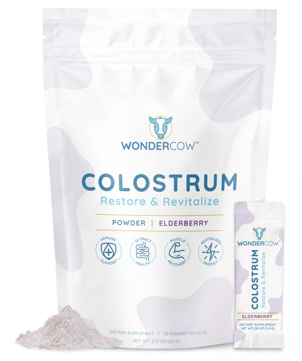 WONDERCOW Colostrum Supplement Powder for Gut Health, Immune Support & Wellness | Natural IgG Pure Whole Bovine Colostrum Superfood, Elderberry, 30 Servings - dailyvitalstore
