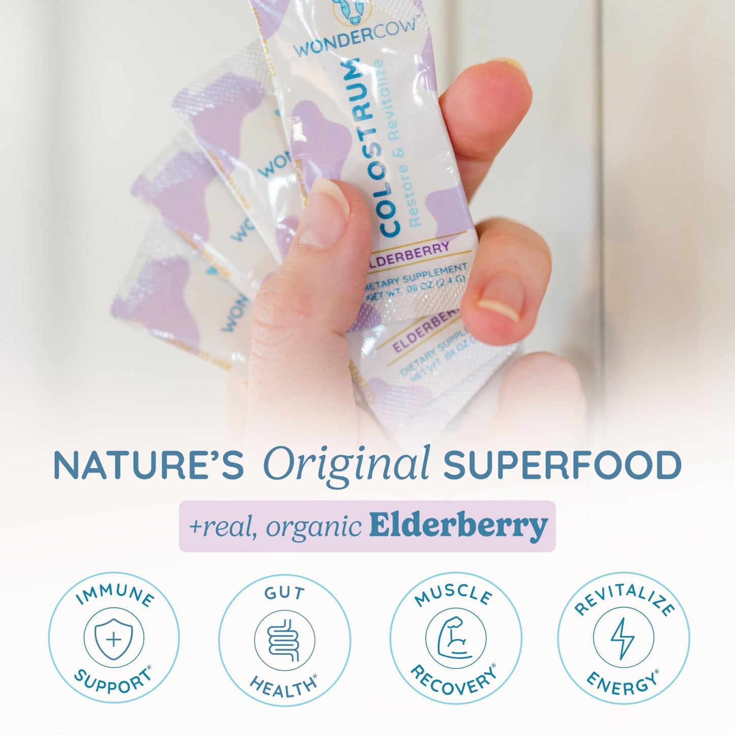 WONDERCOW Colostrum Supplement Powder for Gut Health, Immune Support & Wellness | Natural IgG Pure Whole Bovine Colostrum Superfood, Elderberry, 30 Servings - dailyvitalstore