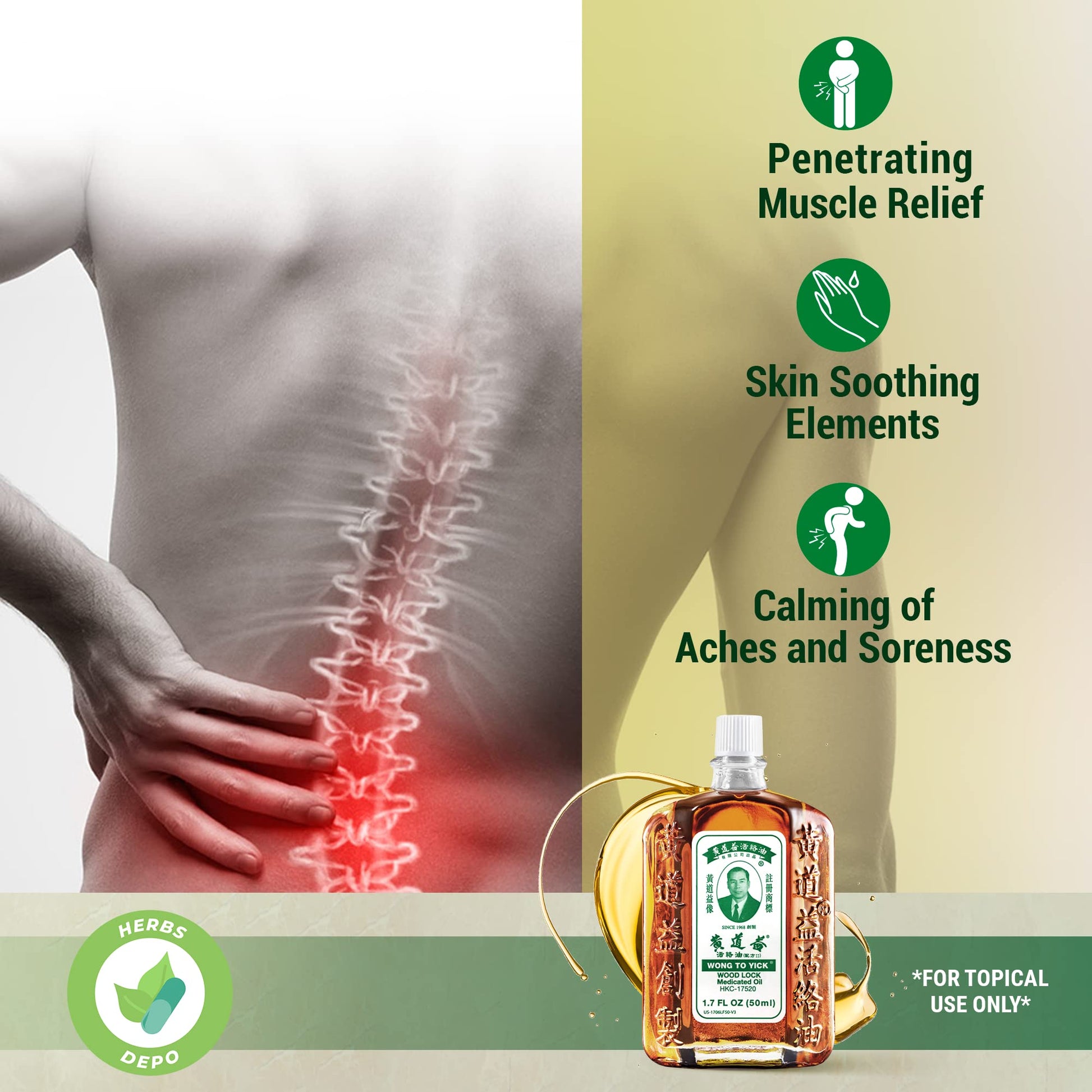 Wong to Yick - Wood Lock Medicated Oil - Herbal Pain Relief for Muscular Aches, Sprains, Shoulder and Back Pain - for Sports Recovery, Soreness - 1.7 Fl Oz - 50 ML (1 Pack) 100% Authentic - dailyvitalstore