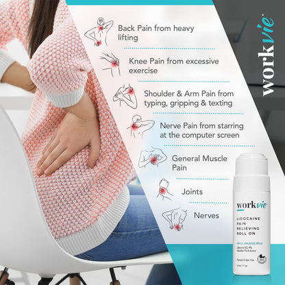 Workvie Lidocaine Pain Relief Roll On 2 Pack & Easy Reach Applicator Tool – Fast Acting Topical Lidocaine Maximum Strength with Arnica Montana & Aloe Vera for Muscles, Joints, Back, Neck & Feet - dailyvitalstore