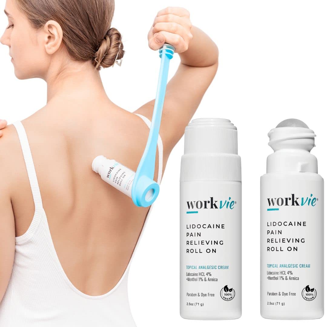 Workvie Lidocaine Pain Relief Roll On 2 Pack & Easy Reach Applicator Tool – Fast Acting Topical Lidocaine Maximum Strength with Arnica Montana & Aloe Vera for Muscles, Joints, Back, Neck & Feet - dailyvitalstore