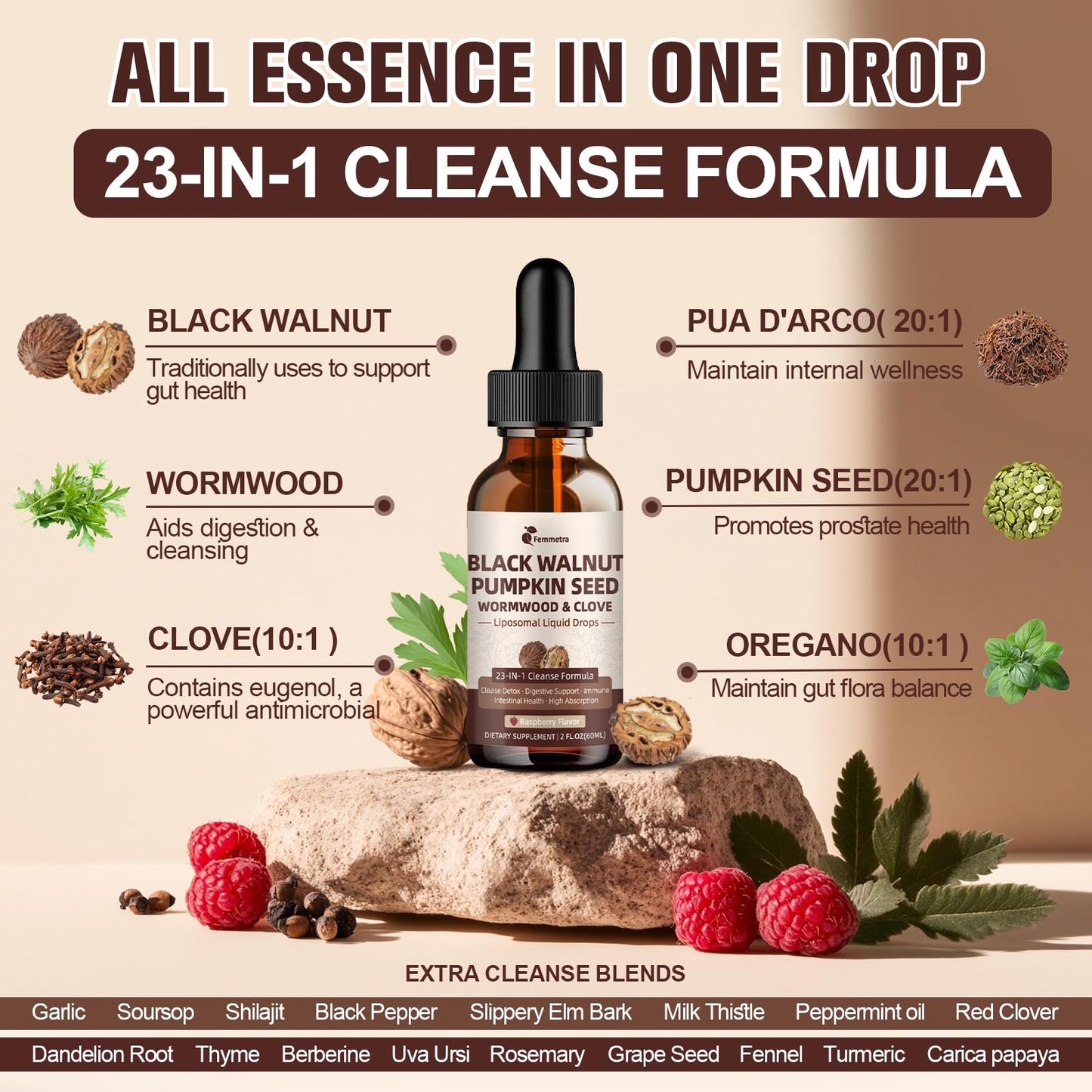 Wormwood Black Walnut Clove Cleanse for Humans Drops, 23-in-1 Gut Health Support Supplement with Pumpkin Seed, Oil of Oregano etc for Detox - dailyvitalstore