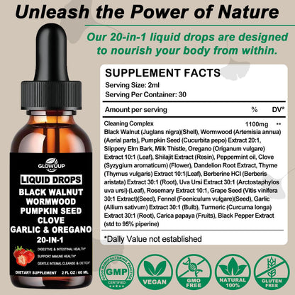 Wormwood Black Walnut Clove Cleanse for Humans Drops, Organic 20-in-1 Herbal Supplement w. Pumpkin Seeds Garlic Oregano Turmeric for Gut Cleanse & Digestive Detox, - dailyvitalstore