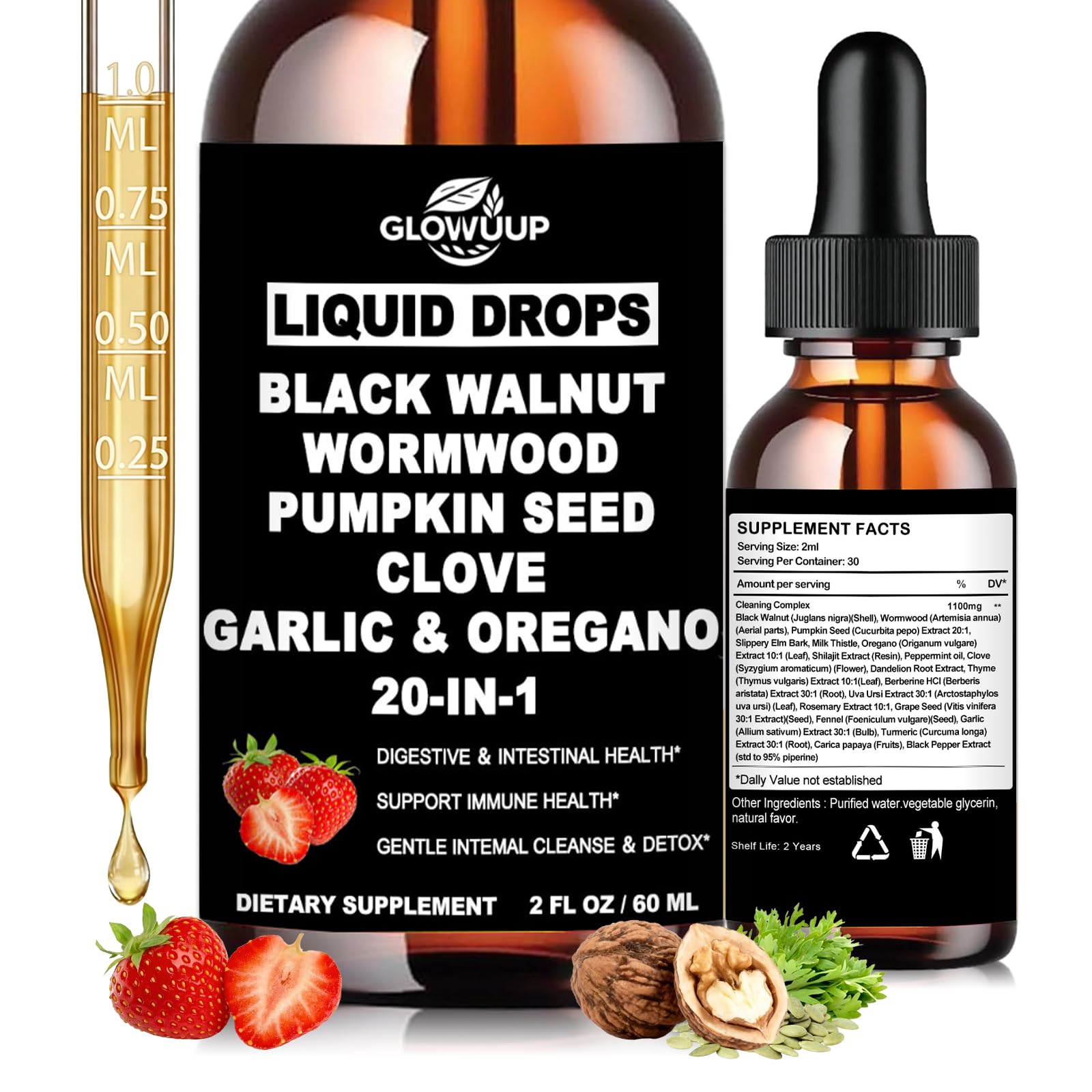 Wormwood Black Walnut Clove Cleanse for Humans Drops, Organic 20-in-1 Herbal Supplement w. Pumpkin Seeds Garlic Oregano Turmeric for Gut Cleanse & Digestive Detox, - dailyvitalstore