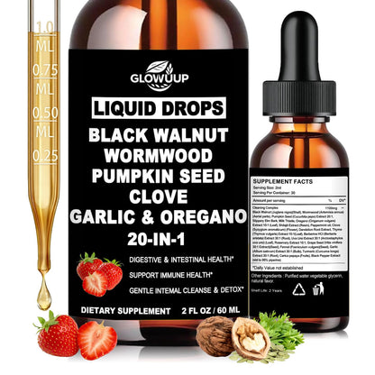 Wormwood Black Walnut Clove Cleanse for Humans Drops, Organic 20-in-1 Herbal Supplement w. Pumpkin Seeds Garlic Oregano Turmeric for Gut Cleanse & Digestive Detox, - dailyvitalstore