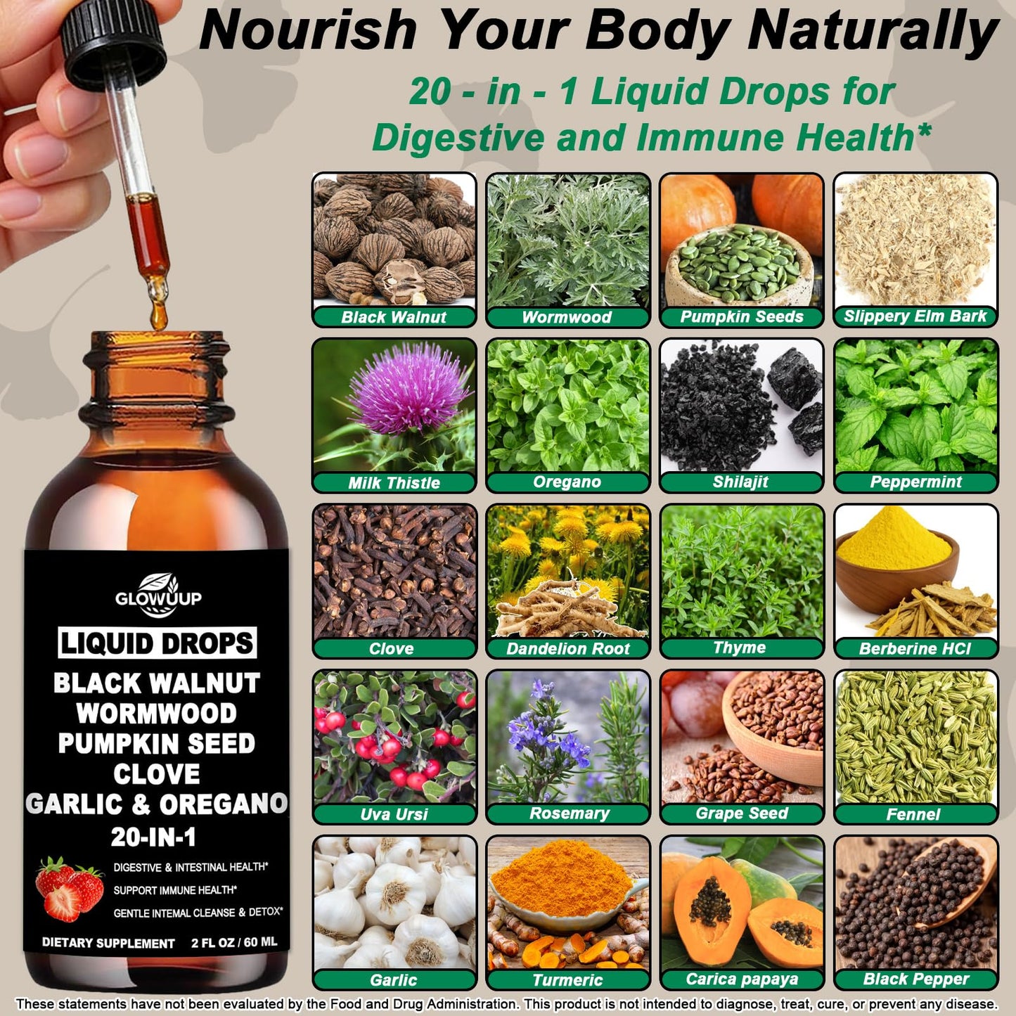 Wormwood Black Walnut Clove Cleanse for Humans Drops, Organic 20-in-1 Herbal Supplement w. Pumpkin Seeds Garlic Oregano Turmeric for Gut Cleanse & Digestive Detox, - dailyvitalstore