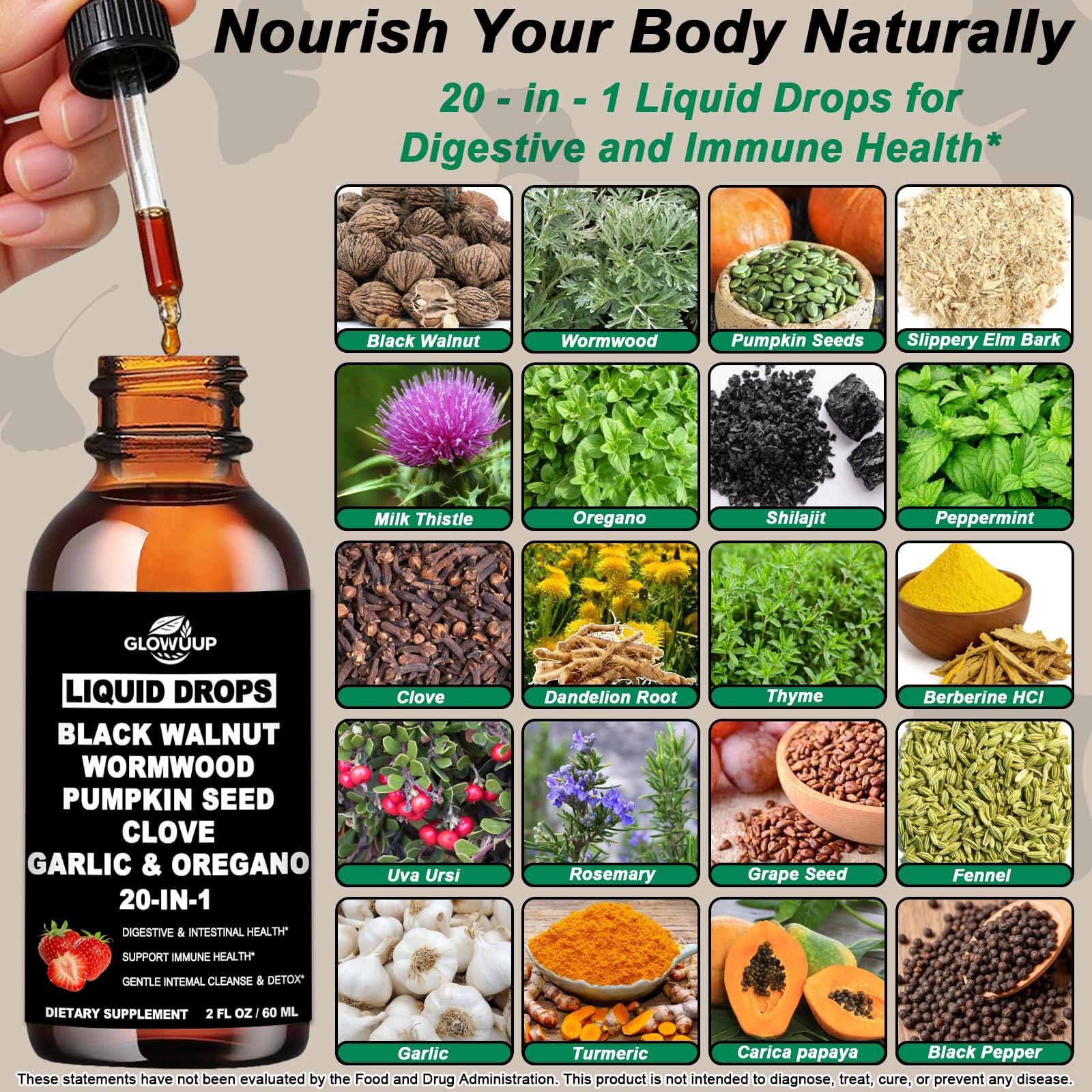 Wormwood Black Walnut Clove Cleanse for Humans Drops, Organic 20-in-1 Herbal Supplement w. Pumpkin Seeds Garlic Oregano Turmeric for Gut Cleanse & Digestive Detox, - dailyvitalstore