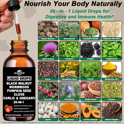 Wormwood Black Walnut Clove Cleanse for Humans Drops, Organic 20-in-1 Herbal Supplement w. Pumpkin Seeds Garlic Oregano Turmeric for Gut Cleanse & Digestive Detox, - dailyvitalstore