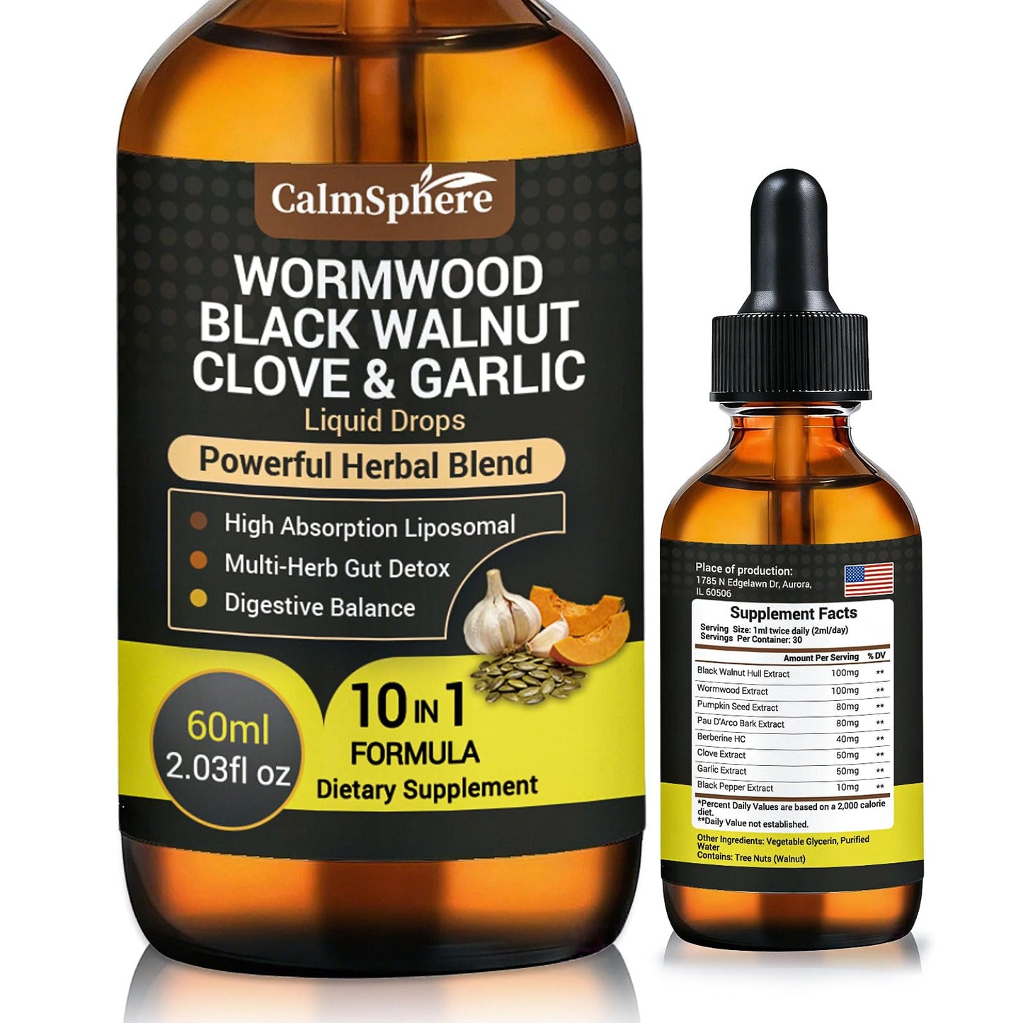 Wormwood Black Walnut Clove Garlic Liquid Drops, Liposomal Fast Absorption with Pumpkin Seed, Pau D'Arco, Berberine, Black Pepper, for Gut Digestive Health - dailyvitalstore
