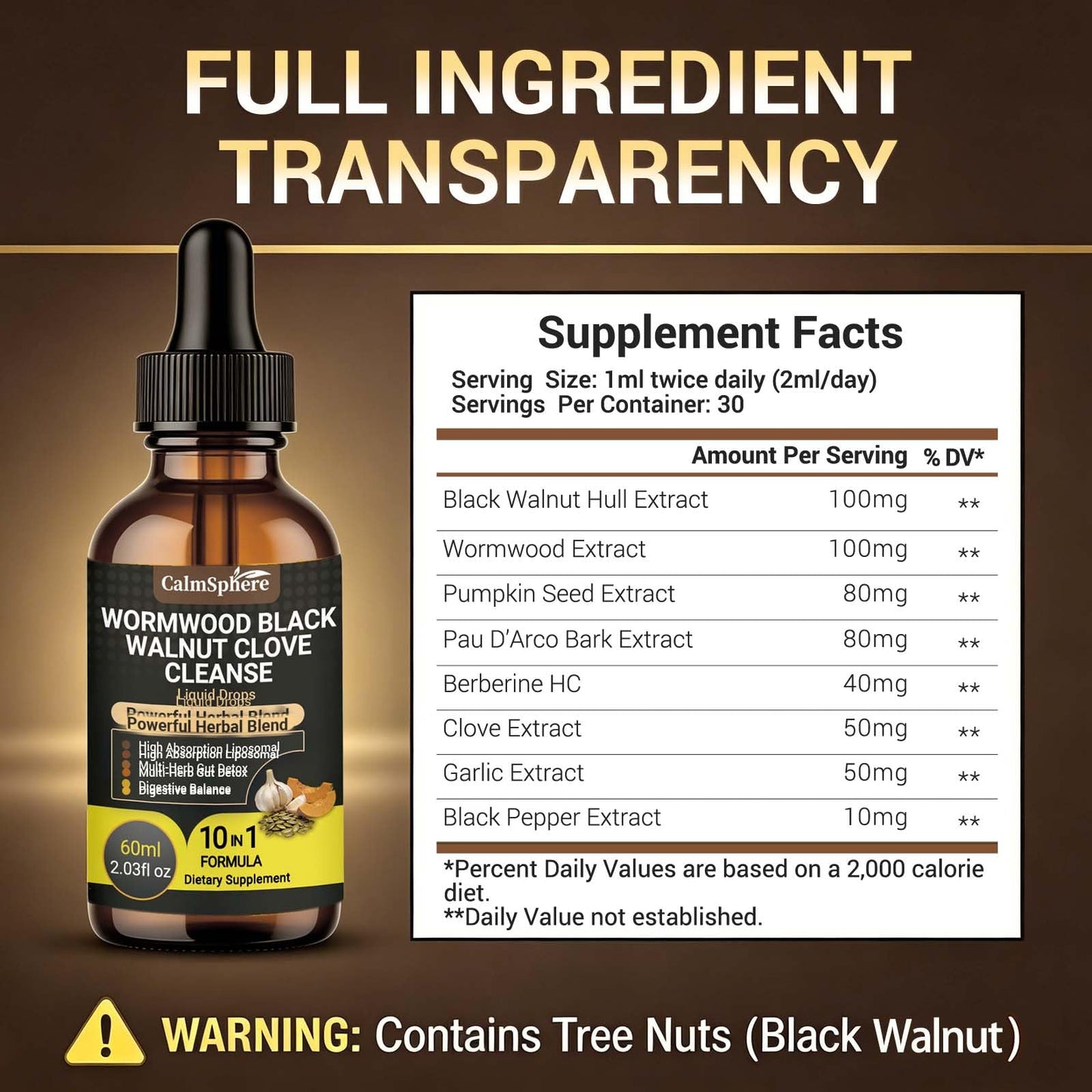 Wormwood Black Walnut Clove Garlic Liquid Drops, Liposomal Fast Absorption with Pumpkin Seed, Pau D'Arco, Berberine, Black Pepper, for Gut Digestive Health - dailyvitalstore