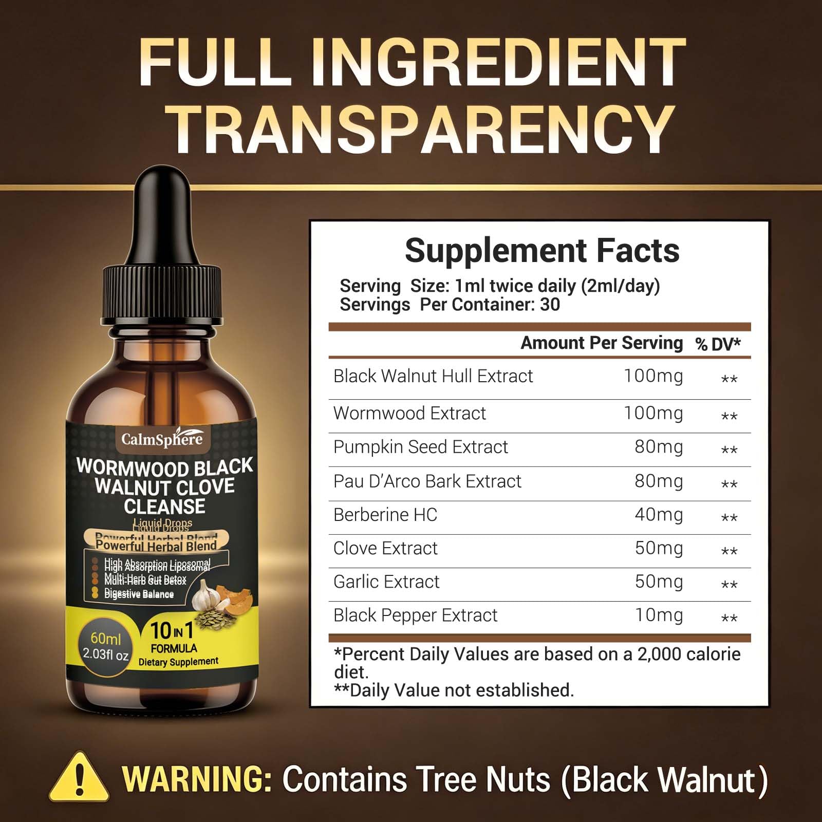 Wormwood Black Walnut Clove Garlic Liquid Drops, Liposomal Fast Absorption with Pumpkin Seed, Pau D'Arco, Berberine, Black Pepper, for Gut Digestive Health - dailyvitalstore