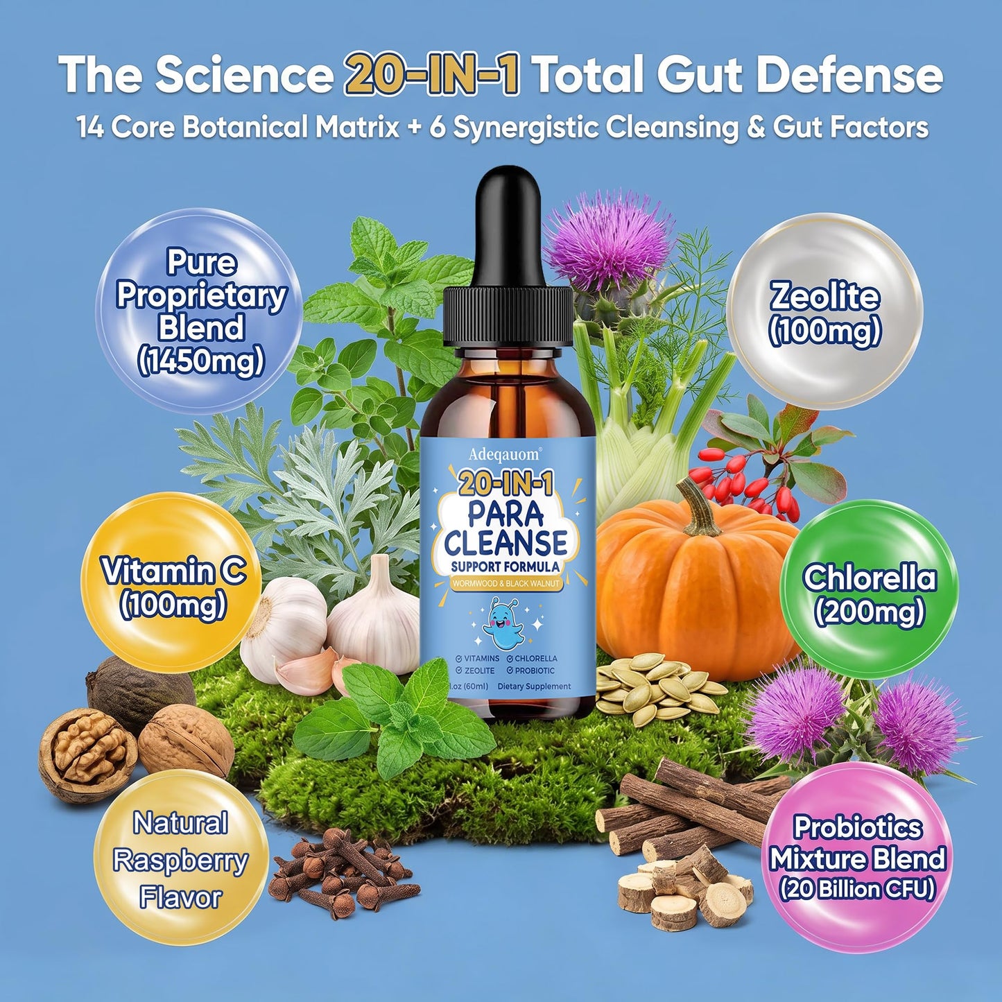 Wormwood Black Walnut Clove Parasite Cleanse for Humans & Kids, 20 in 1 Zeolite, Chlorella, 20 Billion Probiotics, Liquid Detox Support, Gut & Digestive - dailyvitalstore