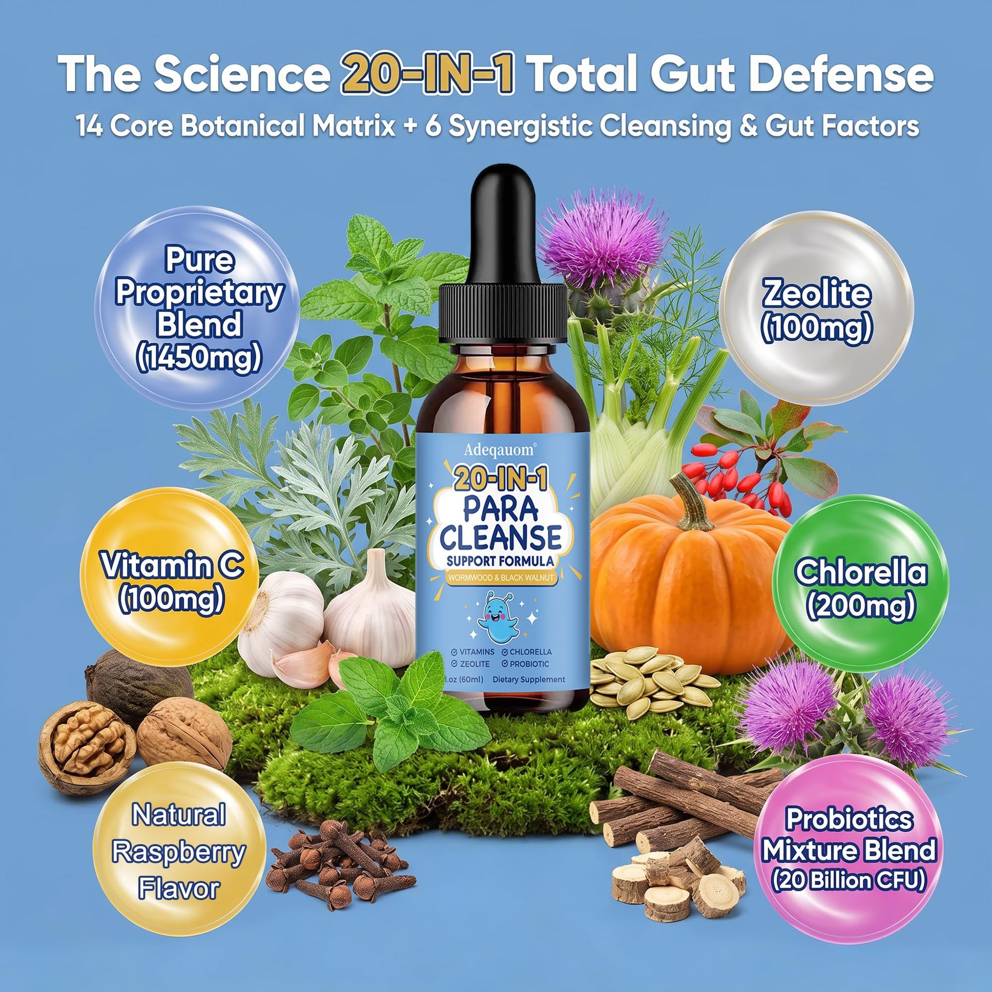 Wormwood Black Walnut Clove Parasite Cleanse for Humans & Kids, 20 in 1 Zeolite, Chlorella, 20 Billion Probiotics, Liquid Detox Support, Gut & Digestive - dailyvitalstore
