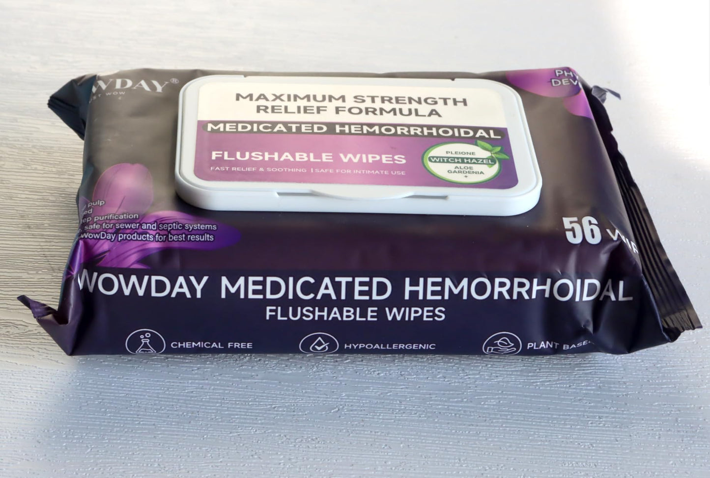 Wowday Flushable Hemorrhoid Wipes | Maximum Strength Witch Hazel Wipes | 56 Count Fragrance Free Adult Hemorrhoids Medicated Witch Hazels Wipe for Butt Hemorrhoidal Itch - dailyvitalstore