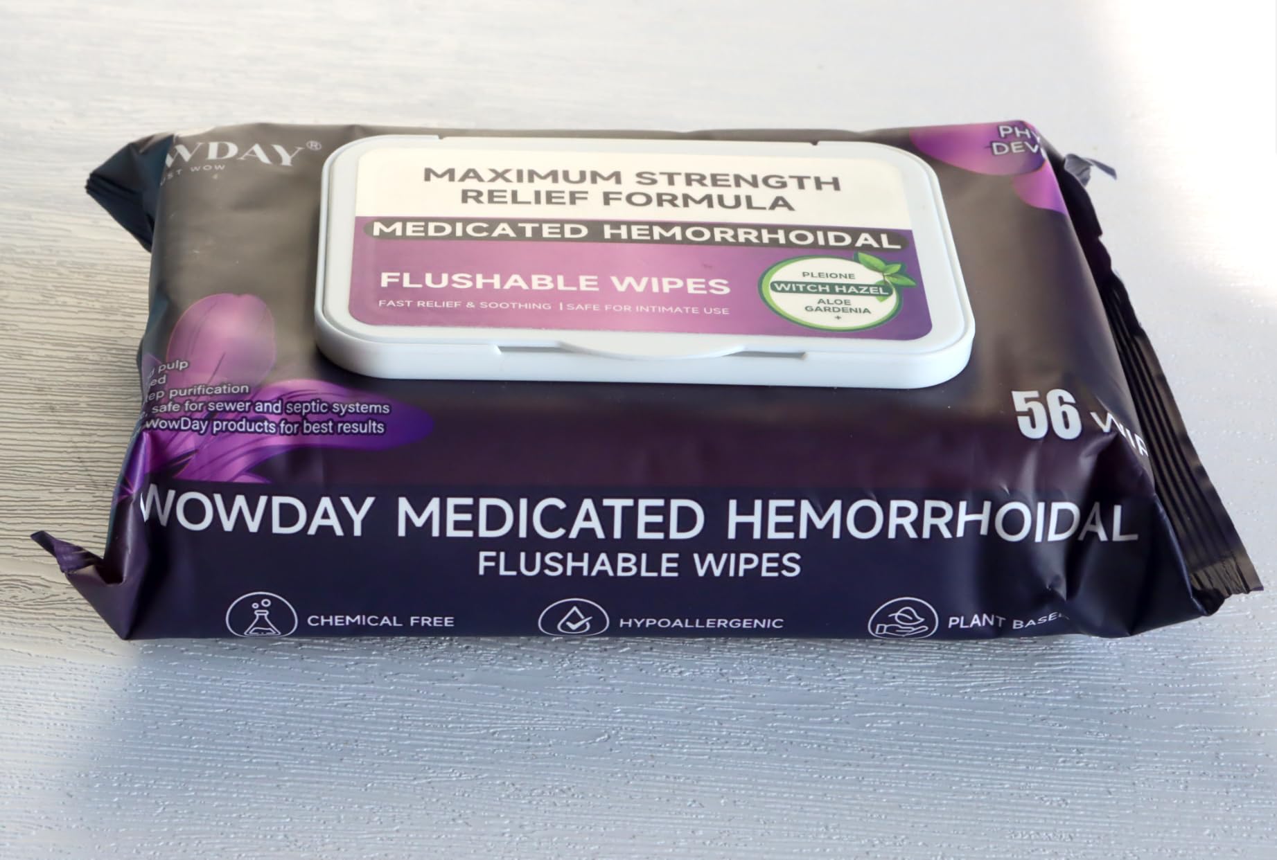 Wowday Flushable Hemorrhoid Wipes | Maximum Strength Witch Hazel Wipes | 56 Count Fragrance Free Adult Hemorrhoids Medicated Witch Hazels Wipe for Butt Hemorrhoidal Itch - dailyvitalstore