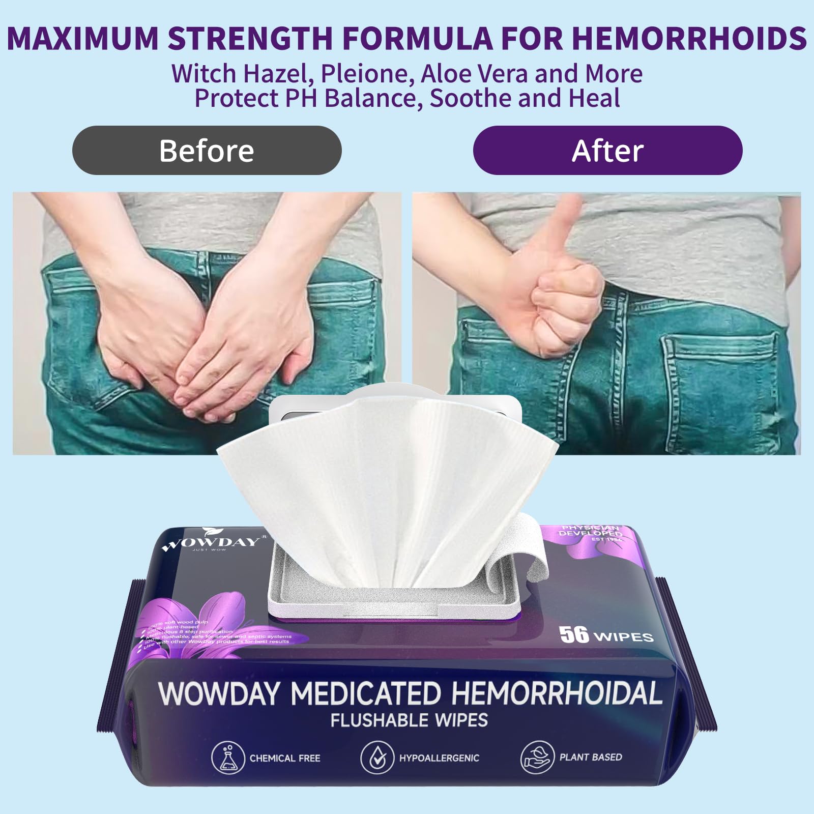 Wowday Flushable Hemorrhoid Wipes | Maximum Strength Witch Hazel Wipes | 56 Count Fragrance Free Adult Hemorrhoids Medicated Witch Hazels Wipe for Butt Hemorrhoidal Itch - dailyvitalstore