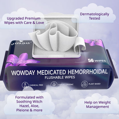 Wowday Flushable Hemorrhoid Wipes | Maximum Strength Witch Hazel Wipes | 56 Count Fragrance Free Adult Hemorrhoids Medicated Witch Hazels Wipe for Butt Hemorrhoidal Itch - dailyvitalstore