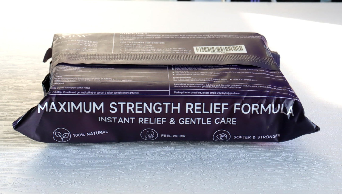 Wowday Flushable Hemorrhoid Wipes | Maximum Strength Witch Hazel Wipes | 56 Count Fragrance Free Adult Hemorrhoids Medicated Witch Hazels Wipe for Butt Hemorrhoidal Itch - dailyvitalstore